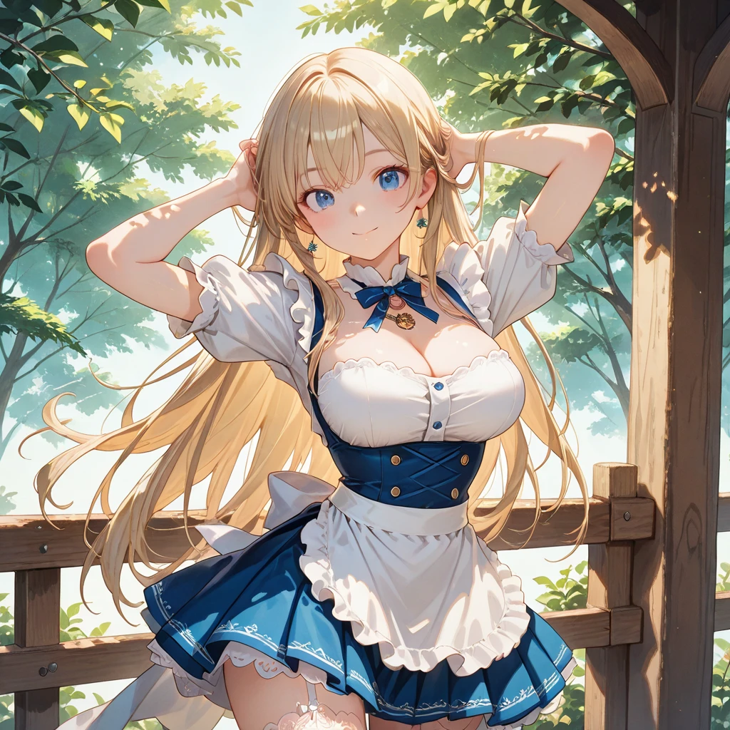 (masterpiece:1.2), (highest quality:1.2), Curvy but slender body, Perfect Eyes, Perfect Face, Perfect lighting, 1 girl, Long Hair, Curly Hair, Quality clothing, Detailed outdoor background, Compensate, eye shadow, Thick eyelashes, Fantasy, (Maid)、whole body,Alice in Wonderland、blue sky、Bright and beautiful face、Young and shiny white glossy skin、The ultimate beauty、The most beautiful light blonde hair in the world、Thin Hair、Super long straight hair、Shiny beautiful bangs、Shining, clear, big blue eyes、Very beautiful and adorable girl, the most beautiful in the world、Big and ample breasts、Sexxcited en、Sexually alluring appearan lifts up her skirt and shows her panties、She is seducing))