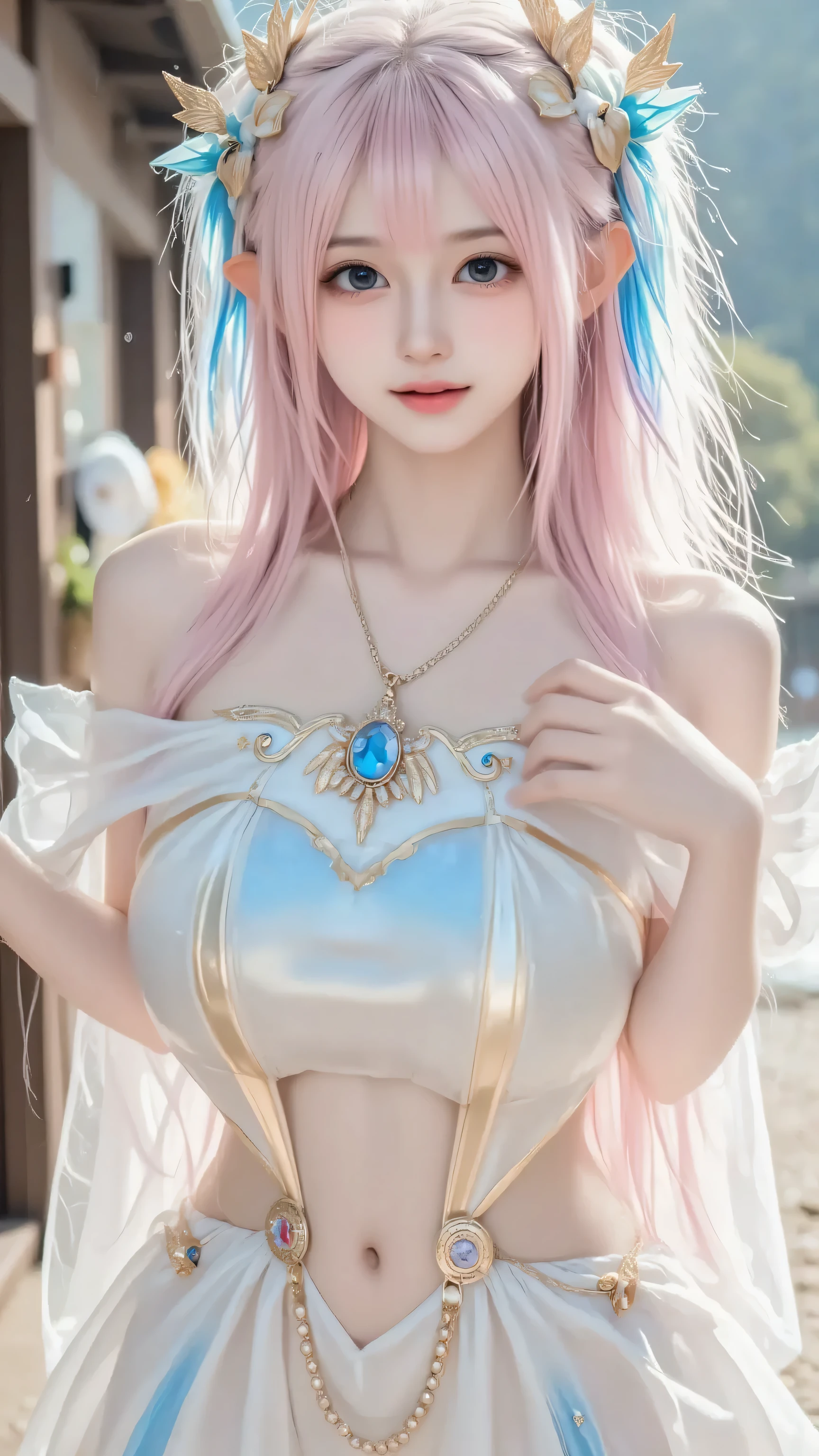 Close-up of a woman in a dress with a sword., anime girl cosplay, anime goddess, anime cosplay, ornate cosplay, image of knight of the zodiac, cosplay,Big breasts with pink nipples, white haired god, anime characters; Whole body art, Barbie Anime, anime Waifu, cosplayer, Anime is an inspiration., Waifu, Seraphine Aree KDA, Barbie Animeในชุดสีขาว