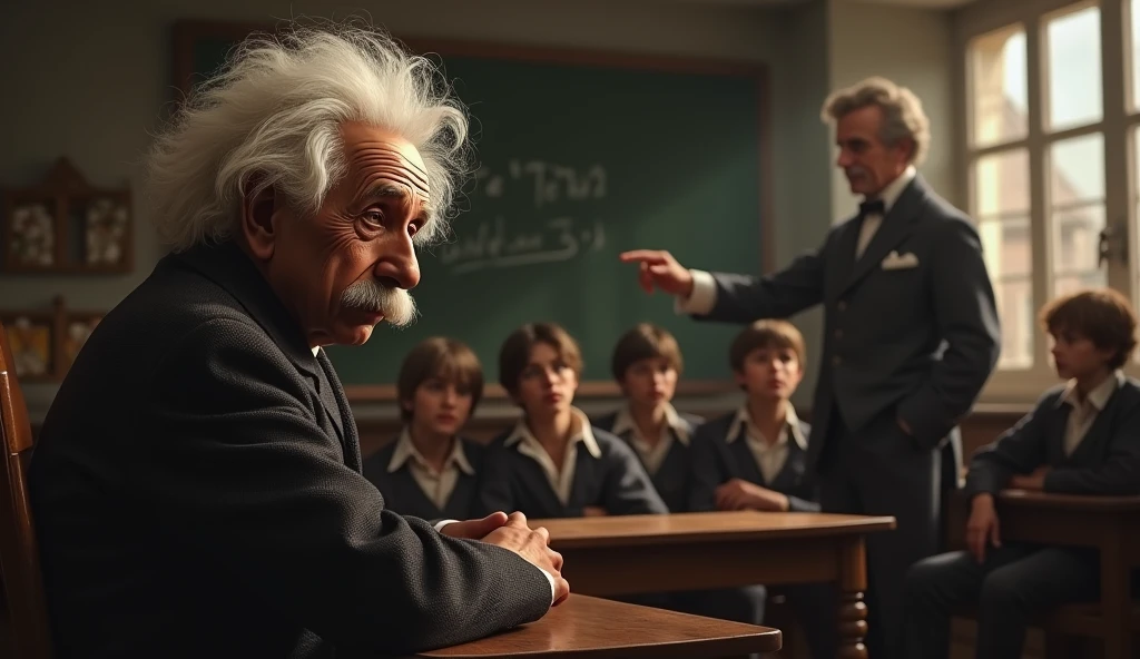 arafed man sitting at a table with children in front of him, albert einstein, einstein, still from a live action movie, screenshot from a movie, by Edwin Georgi, still from the movie, still frame from a movie, from a movie scene, portrait of einstein, scene from live action movie, portrait of albert einstein, mark twain