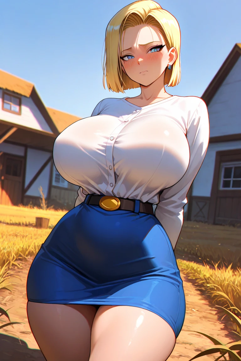 1girl, blonde hair, medium hair, ponytail, orange eyes, standing, white crop top, shorts, park, trees, beautiful backround, perfect eyes, looking at viewer, (blush), arms behind back, large breasts, cleavage, (wide hips), ((thick thighs), (chubby), chubby belly, (autumn:1.2), pov