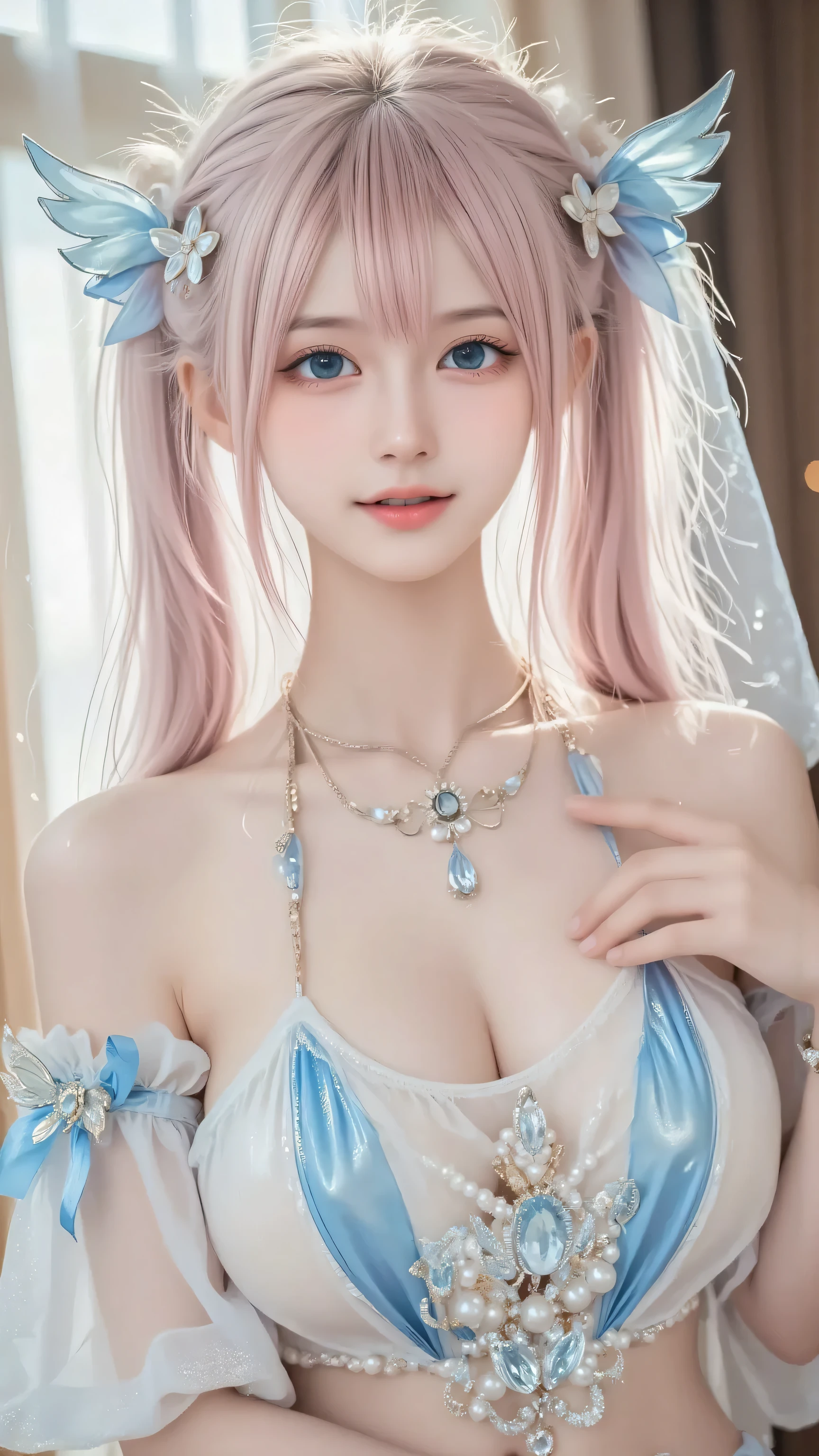 A radiant young woman with a fairy-tale aura, crafted for FLUX in a professional studio. Her long, pastel pink hair with subtle blue tips is styled in an elegant updo with long twin ponytails, topped with delicate wing-shaped ornaments that lend an otherworldly touch. She wears a luminous off-shoulder gown with a white-to-light-blue gradient bodice, sparkling with jewel embellishments and intricate gemstone patterns. A pearl necklace with a central pendant and an additional delicate chain completes her magical look. Her soft makeup, emphasizing large, doll-like eyes and a porcelain complexion, evokes a fantasy-anime character in a glowing, ethereal studio environment.