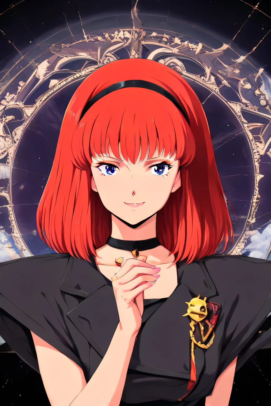 (score_9, score_8_up, score_7_up), source_anime, absurd_res, white, blue, black, 1girl, solo, super fine illustration, an extremely delicate and beautiful, best quality, masterpiece, 8K, Gaw Ha Leccee, Heavy Metal L-Gaim, long red hair, voluminous middle hair, hair band, deep blue eyes, melancholic expression, mature aura, black elegant dress, slender figure, sophisticated pose, gentle side glance, Mamoru Nagano style, retro anime aesthetic, soft lighting, detailed facial features, delicate hands, graceful neck line, ethereal atmosphere, classic anime shading, detailed hair highlights, subtle smile, art nouveau influence, (nice hands), (perfect hands), (Anatomically correct and perfect fingers), sharp lines, vivid colors, high contrast,((4k,8k,Ultra HD)),((Masterpiece :1.2)),((Best quality :1.2)),((Detailed :1.5)),((Detailed background :1.5)),sharp focus, perfect hands, perfect face, perfect eyes, perfect light, dynamic light, natural light