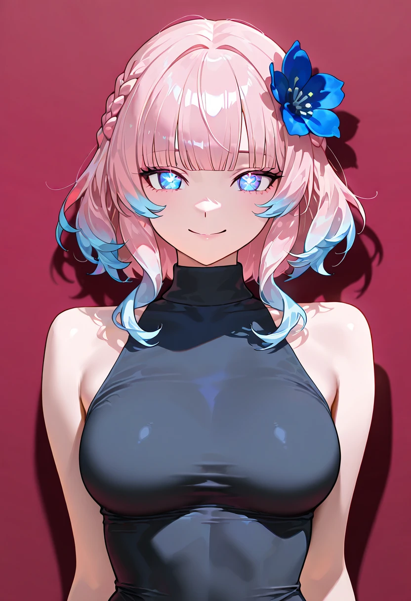 masterpiece, Best quality, watercolor (medium), 1girl, breast, Solitary, Single ponytail, Cleavage, Black picks dye pink hair, Delicate gray eyes, Bangs, jewelry, skirt, Bare shoulders, sleeveless, Hair between the eyes, 单Scapula, looking at the audience, Waving gesture, large breast, armor, shoulder armor, sleeveless skirt, Upper Body, Single sleeve, white skirt, Scapula, Naughty smile, , Tiger Teeth