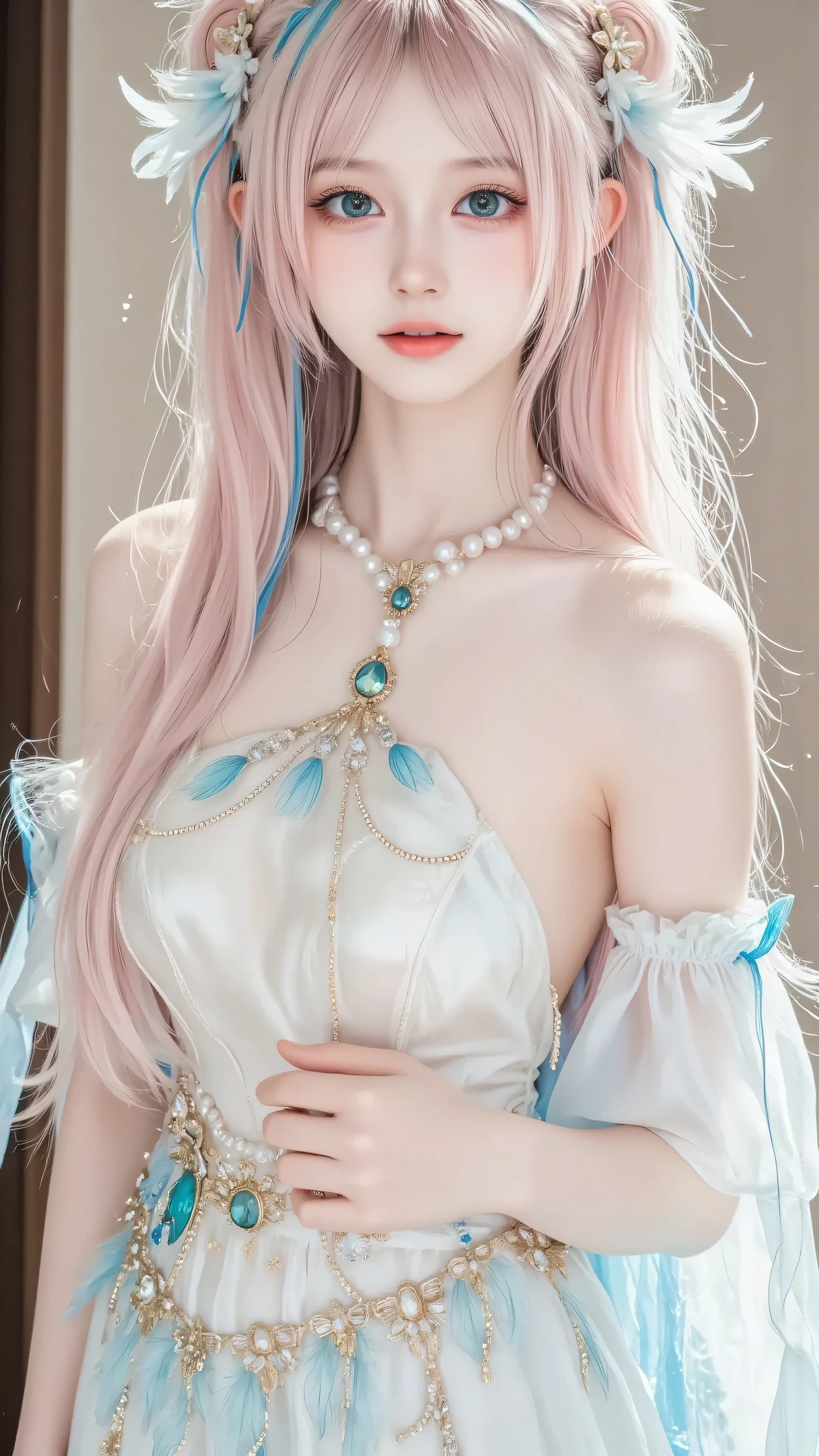 An ethereal fairy-tale heroine, photographed with meticulous care for a FLUX-generated image. She wears a luminous off-shoulder dress with a white-to-pale-aqua gradient, encrusted with twinkling gemstones and intricate floral beadwork. Her pastel pink hair, lightly touched with blue tips, is styled in cascading twin tails, adorned with delicate feather ornaments that add a whimsical charm. A pearl necklace with a glowing aquamarine pendant and slender gold chains accentuates her otherworldly beauty. Her doll-like eyes and porcelain complexion create a striking anime-inspired aesthetic, illuminated by soft, professional studio lighting.

