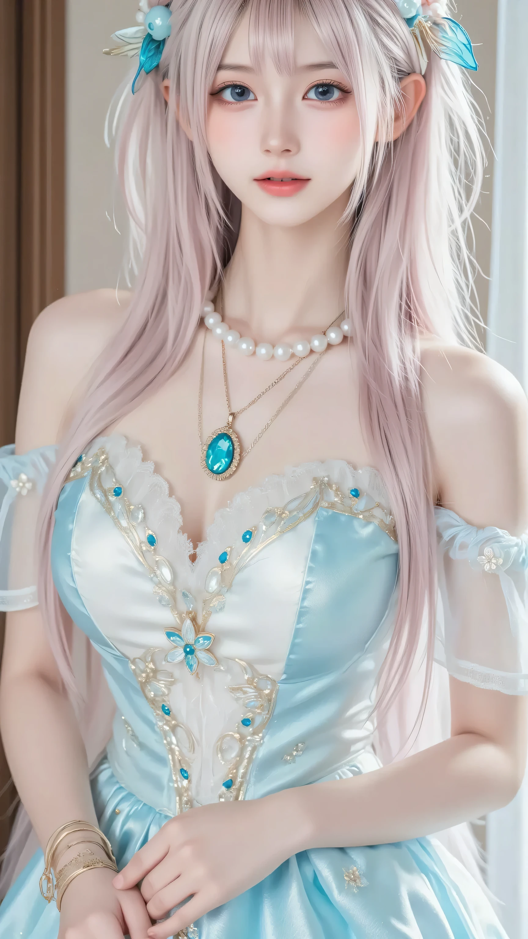 An ethereal fairy-tale heroine, photographed with meticulous care for a FLUX-generated image. She wears a luminous off-shoulder dress with a white-to-pale-aqua gradient, encrusted with twinkling gemstones and intricate floral beadwork. Her pastel pink hair, lightly touched with blue tips, is styled in cascading twin tails, adorned with delicate feather ornaments that add a whimsical charm. A pearl necklace with a glowing aquamarine pendant and slender gold chains accentuates her otherworldly beauty. Her doll-like eyes and porcelain complexion create a striking anime-inspired aesthetic, illuminated by soft, professional studio lighting.
