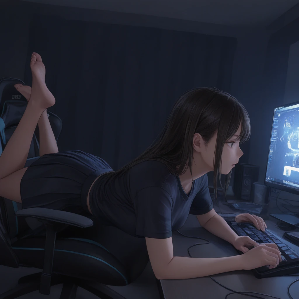 Masterpiece, (((Exclusive))), Top quality, Soft details, Ultra high definition, Semi-realistic, Realistic eyes, Girl, Realistic hair, Girl, Hair rolls, High school student, Dark room, Gaming computer, Gaming chair, Feet up on desk, Side view, Tight shirt, Short skirt, Illustration, Lying on chair, Suggestive, Diagonal composition, Lighting