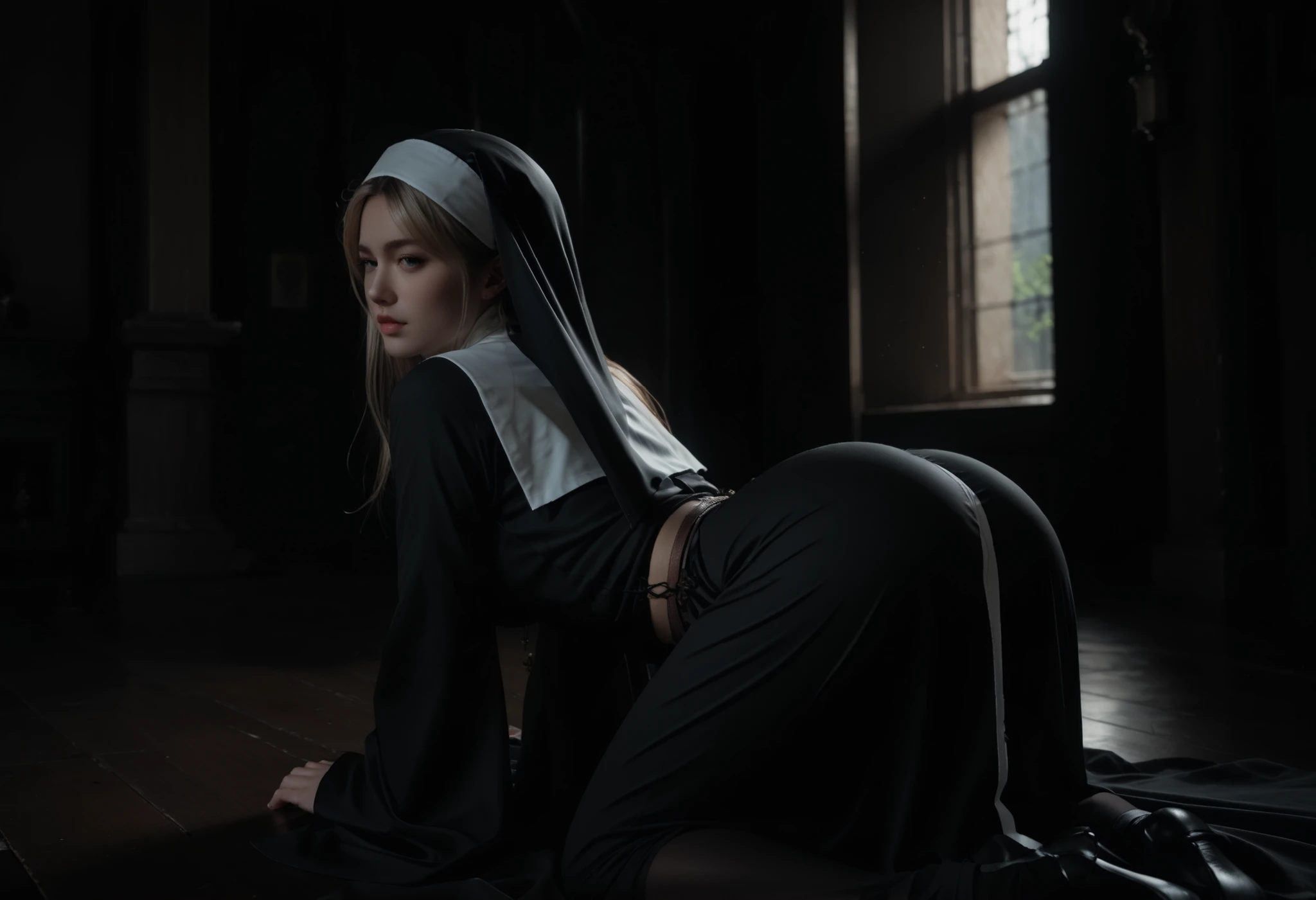 Beautiful girl, glowing RED eyes, white hair, detailed facial traits, dressed like Ciri from Witcher, nighttime in a church, dark church, its nighttime, sexy pose, anal sex doggy style, African male penis, african male legs, horns, demonic