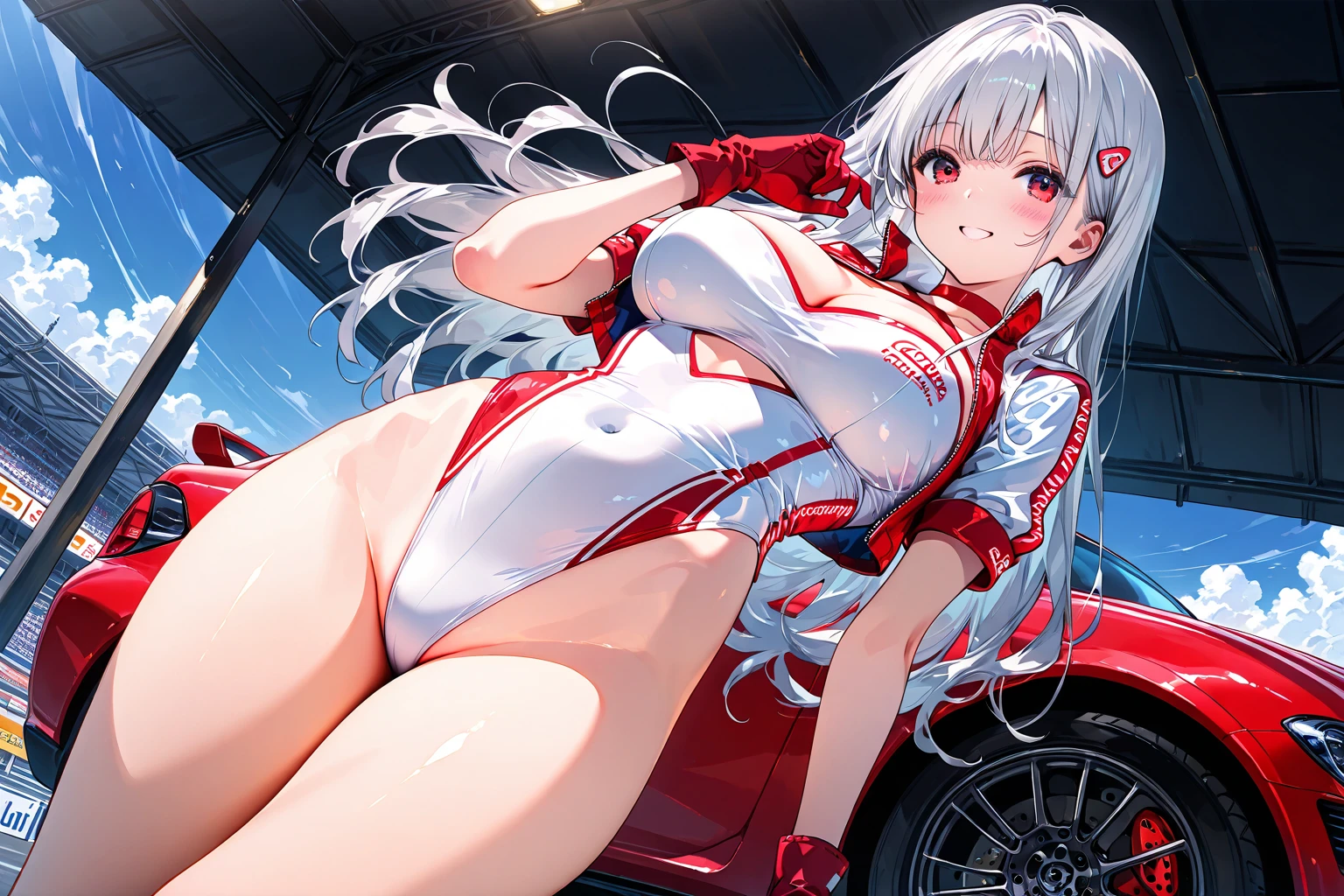 1girl, large breasts, wide hips, white hair, long hair, red eyes, serious, twintails, bikini, black bikini, v-string, shoes, sneakers, neon, neon trim, ((neon trim)), race queen, car, sport car, sports car