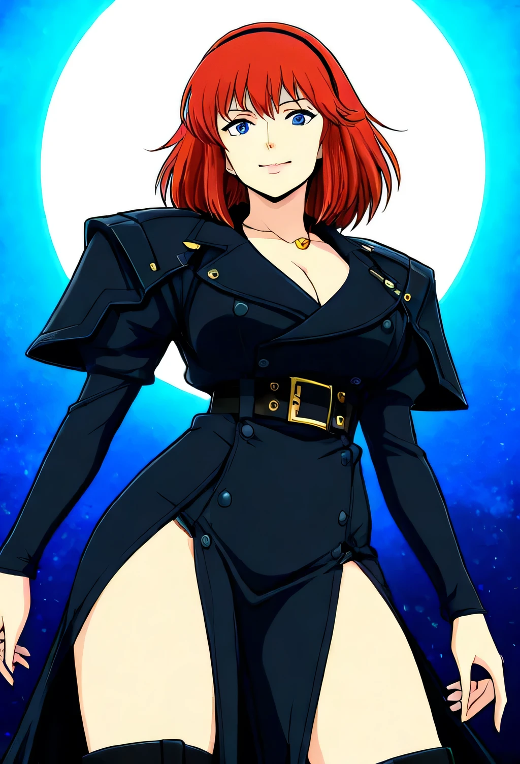 (score_9, score_8_up, score_7_up), source_anime, absurd_res1girl, solo, super fine illustration, an extremely delicate and beautiful, best quality, masterpiece, 8K, ( but firm, feminine, strong waist, good thighs, ).Gaw Ha Leccee, Heavy Metal L-Gaim, long red hair, voluminous , hair band, deep blue eyes,((The atmosphere of a 40-year-old sister:1.59)),cowboy shot,((big cleavage)),(( large breasts)), ((side visible:1.29)),((Black cleavage 着物 dress, sophisticated design,
赤い belt, waist,
black boots, thigh-high boots)),thick thighs, A single Gauhareshi standing in front of a Western castle, long red hair, blue eyes, large and sturdy build, black leather suit resembling a kimono, leather suit is short, mature smile and dynamic pose, angle from below, upper body shot, focus on her face, high definition anime style, morning sun shining in from above at an angle, vivid colors, refreshing atmosphere, anatomically correct limbs, masterpiece, high resolution, high quality, 4k, 8k, 16k