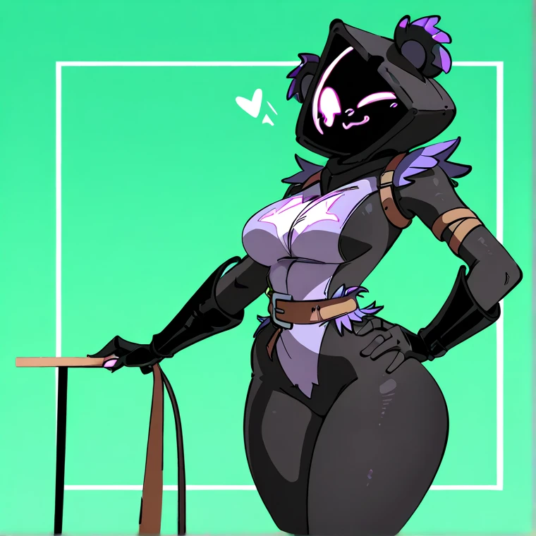 Determined face, hands on hips, wide hips, large breasts,