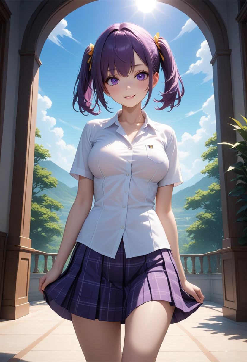 1girl, summer, village, trees, sun, clouds, ((colorful hair)), ponytail, large breasts, button down, blue eyes, ((purple shirt)), ((unbuttoned shirt)), unbuttoning buttons, ((short sleeved shirt)), black mini skirt, brown shoes, grin, looking at the viewer, standing, hair ribbon, ((golden necklate))