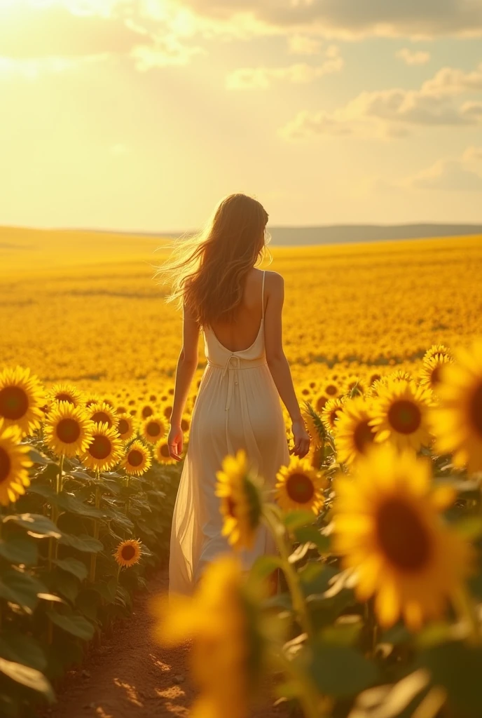 a field full of sunflowers with a silhouette of a woman in the middle of the sunflowers 
