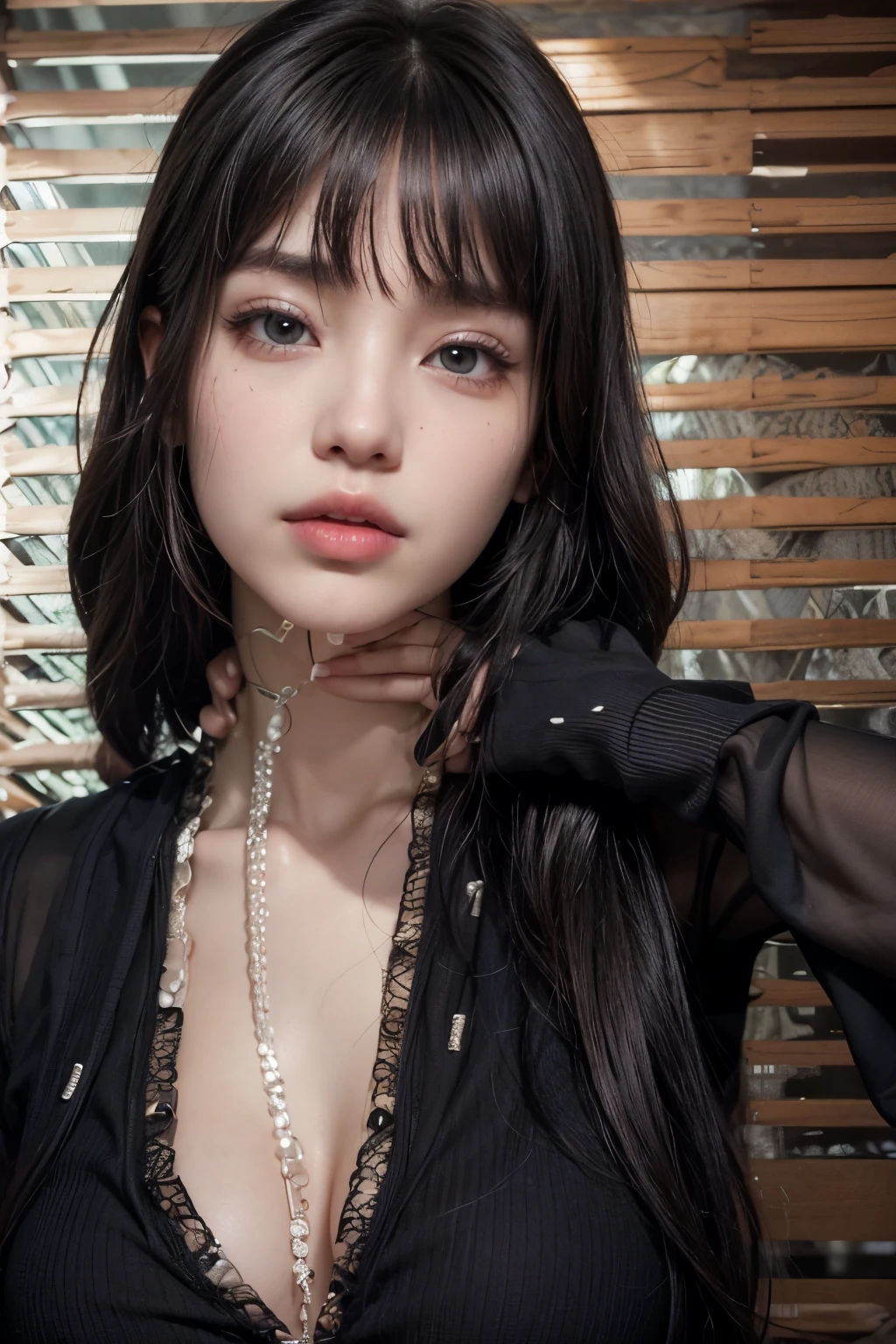 Kim jennie con la mirada seria, ojos marrones, cabello liso y brillante, labios gruesos y carmesi, ropa negra, su mano sosteniendo su cara, collar brillante con diamantes, black nails and black hair