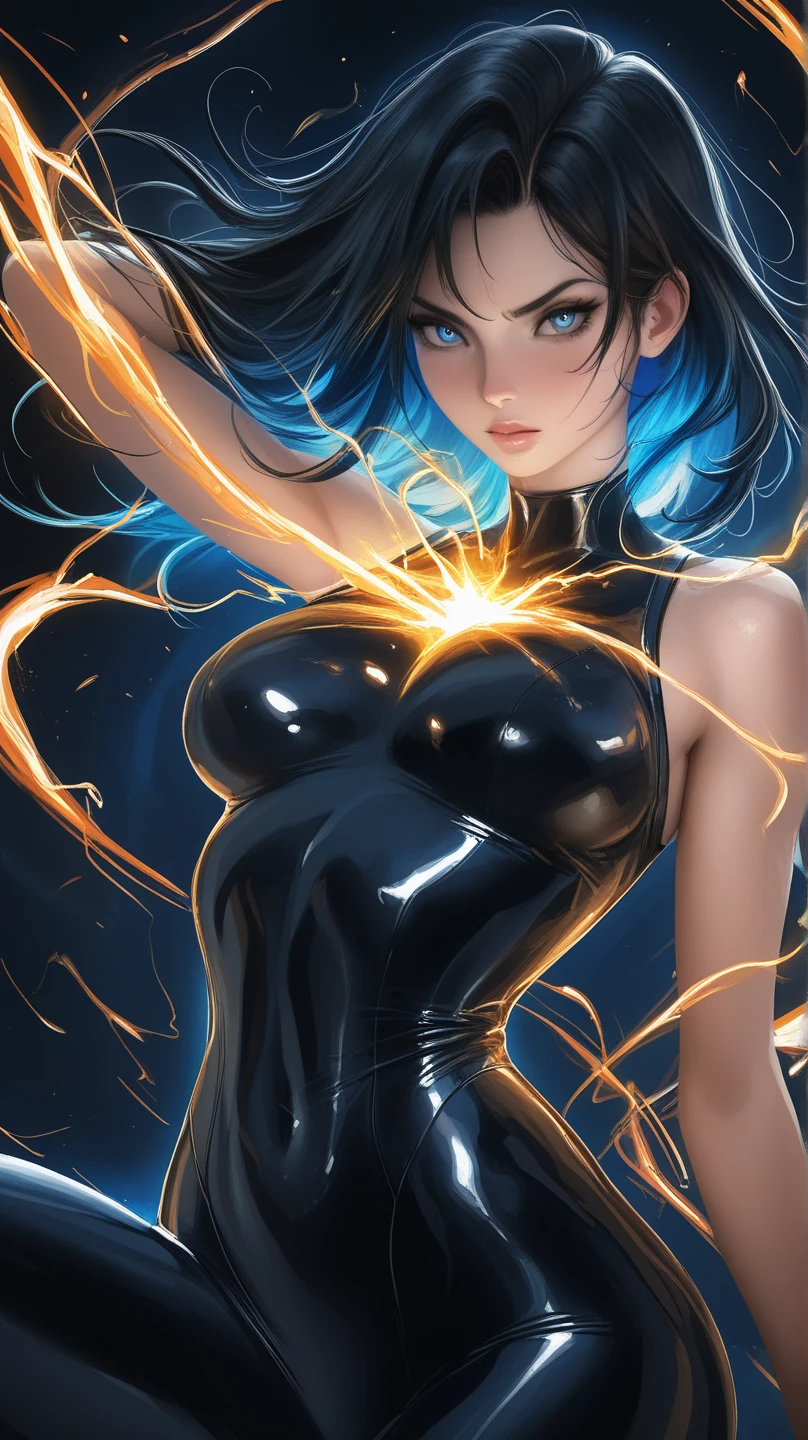 {{masterpiece}},{best quality}, {solo}, ((one girl)), highres, extremely detailed 8k wallpaper,
(looking at viewer,cowboy shot:1.3),
sci-fi, science fiction, cyberpunk, tokyo in rain, neon lights,
(large breasts),
(latex,shiny clothes, bandeau, skirt:1.5),
<lora:on_fire10:.7>, (blue fire:1.2)