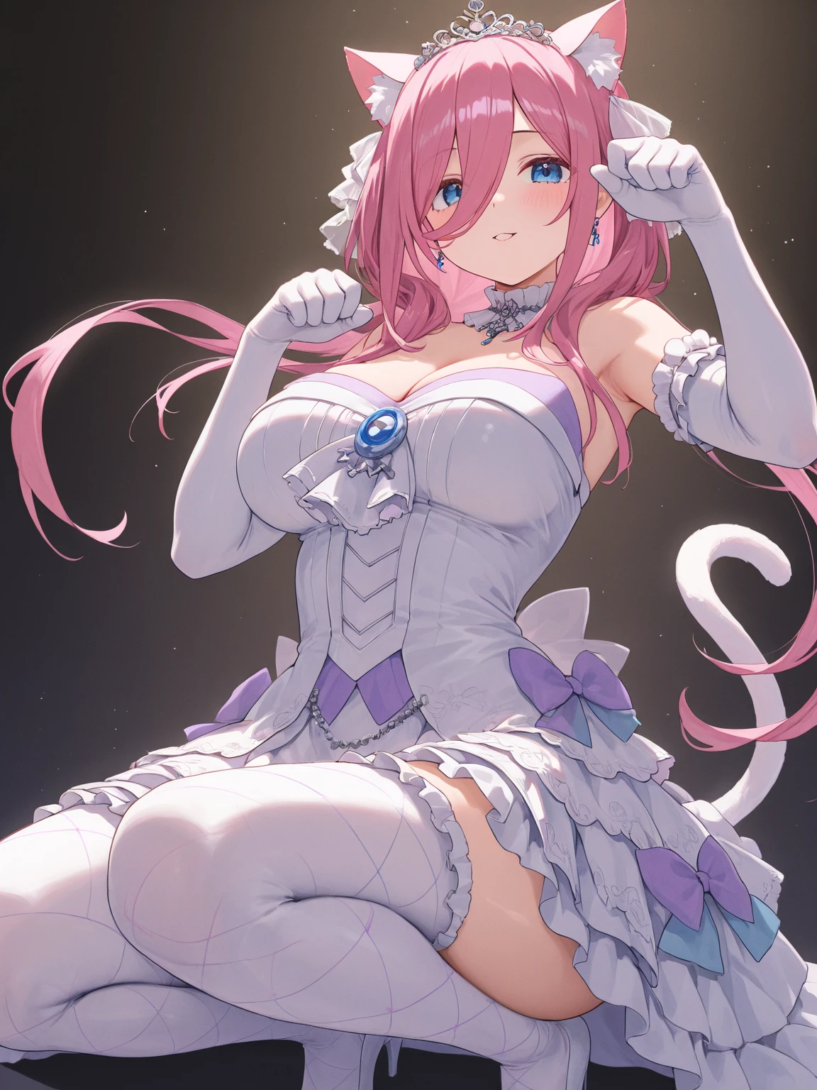 18 year old beautiful girl, ((((Masterpiece)))), ((Best quality)))), ((((Very detailed))), detailed fingers, illustration, 1 girl, Solo, Sae eyes, Blue eyes, Pink bob cut, Shoulder out, Wide open chest, Red mini skirt, pink knee socks, White long boots, Large breasts, Royal Elegant Pose, YUI