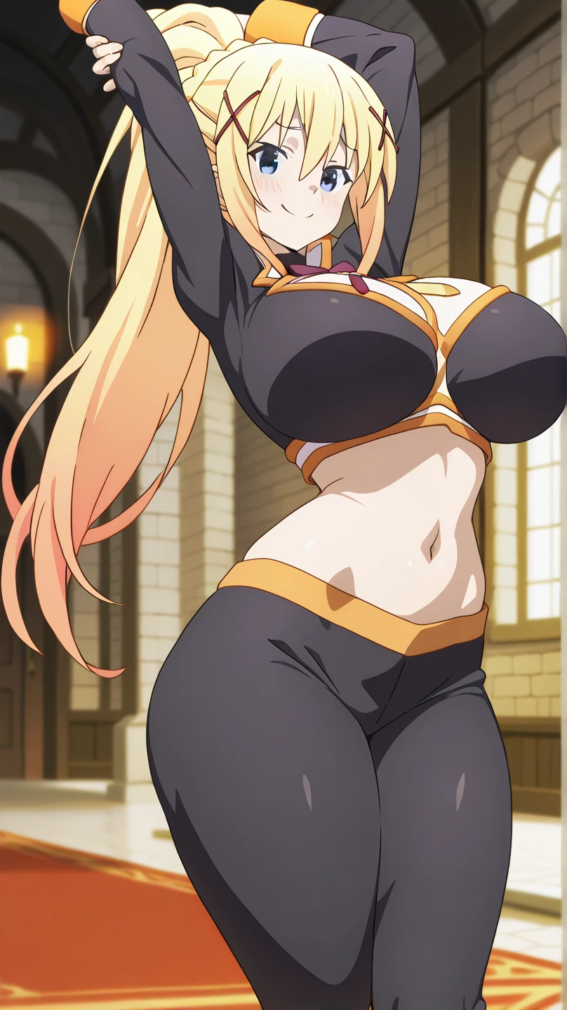 woman, long blonde hair, brown eyes, smiling, black diadem , Black and White metallic armor(golden details), heavy armor, big breast, cleavage, skirt, wide hips, large thighs, anime style, masterpiece, chocker, metallic breastplate,athletic body, holding swords,