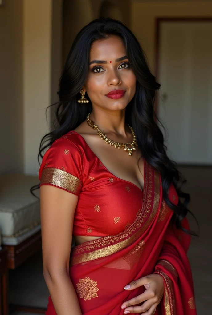 wolf cut hairstyle erotic hindu wife, facing the camera, wide angle camera view, standing far for camera, legs looks sexy, super sexy legs, super big fake lips red lipstick, super delicious Little bit cubby body, saree bra, little bit chubby body, super lower saree, huge boobs, huge breast, 