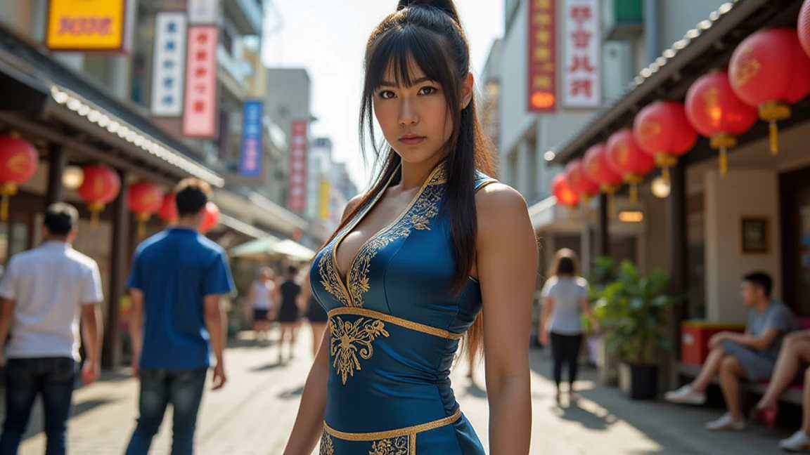 8K , Japanese Idol , Baby Face , Cute , Masterpiece , 18 Yearsold , Blue-Gold Chun-Li Uniform Cosplay , Lace , Gloves , Ultra Large Bare Breast , Posing , Muscular , Sexy Look , Dramatic Pictures , Gorgeous , Effiel Tower Background , Extremely Detailed , Open Mouth , ((Hair Blowing:1.1)) , Blue-Gold Hair , Twintails , ((Face Focus:1.1))