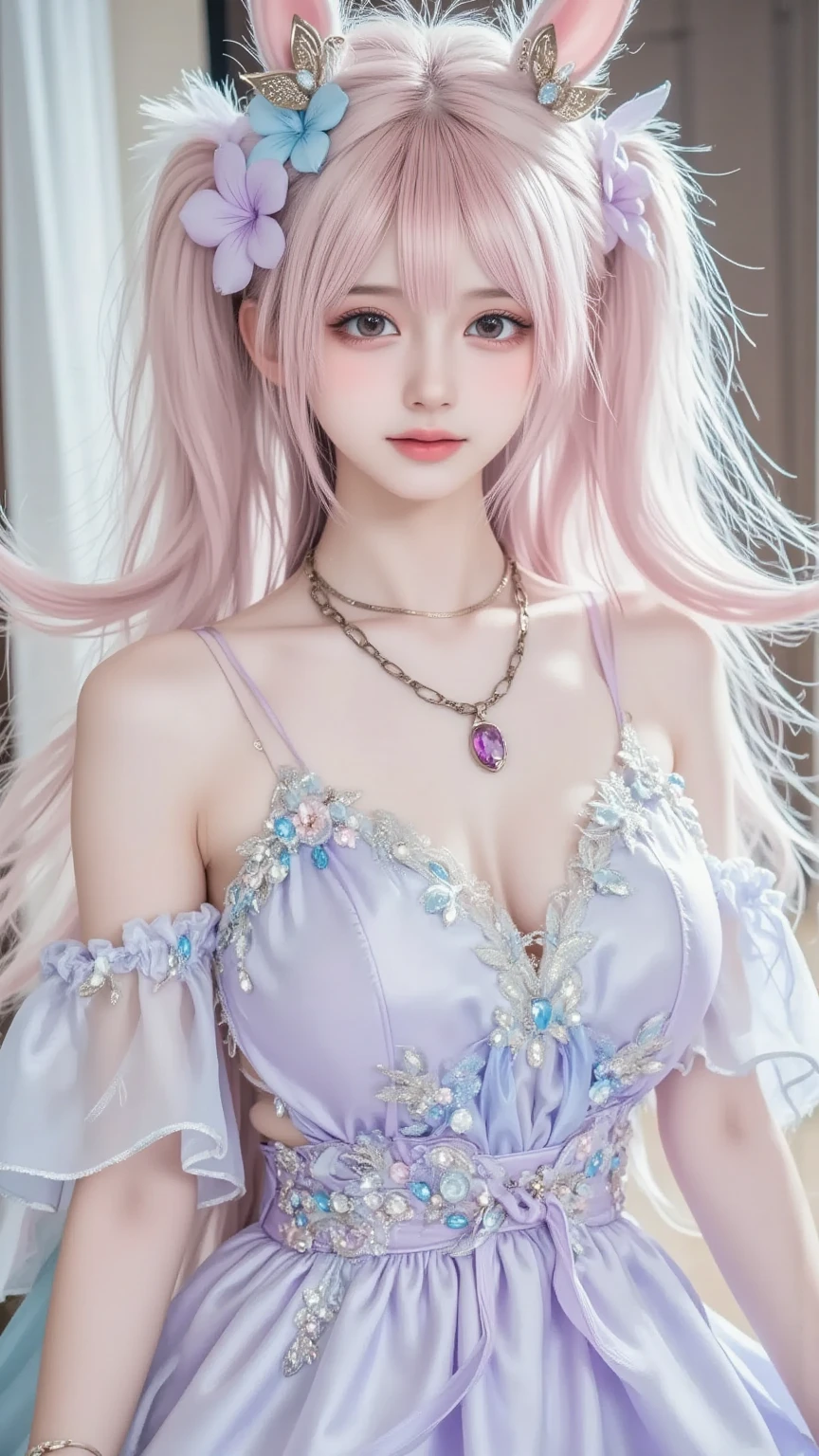 white, Pink and purple color scheme,Sexy Girl,whiteい巻き毛 ,