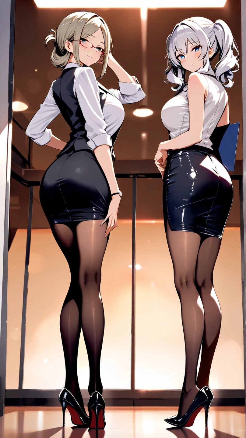 ((二人のIn underwearの女性がセクシーにOffice corridorを歩いているBack view:1.4), Beautiful Anime Women, Beautiful art style, Anime characters, ((Smooth texture, Realistic texture, Anime CG Style)), ((Highest quality)), (Very detailed), (Very detailed CG 統合 8k 壁紙), Very detailed, High-resolution RAW color photos, Professional photography, Brown Hair, Stylish hairstyle, Slender body, (Stunningly beautiful woman), (Office corridor, Many business people walking down the corridor, There is a window in the hallway:1.3), ((Black high heels), (Sexy and cute white underwear:1.3), (Stylish shiny white satin panties, Side-tie panties:1.3), (Thin panties:1.3), (White micro lace satin bra, Thin bra:1.3), (garter belt, Garter Strings, Knee socks:1.3):1.3), naked, In underwear, In underwearのオフィスレディ, Exact number of arms, Exact number of legs, Perfect Anatomy, (Embarrassed expression, Surprised expression), Angle from the rear, Exact finger count、Exact number of legs、(Exact number of arms:1.0, Exact number of hands:1.0), (Perfect hands, Perfect Anatomy), (Back view:1.4)