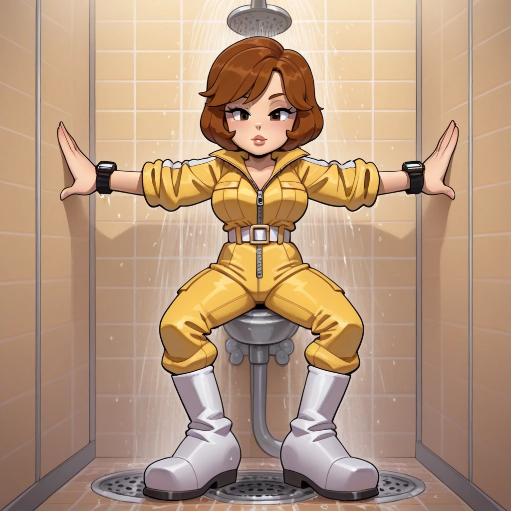 ((((Female Vault dweller, toned body, large breasts)))) pale skin black hair blue eyes sad frown blush, fully cover bodysuit. skintight, blue and yellow jumpsuit, fallout vault dweller, stepford wife, feckled, 50's attire, tickled, arms restrained, tickled by robotic hands, robotic tickling arms, tickling massage chair, laying inside the chair, Hysterical laughter, wide eyed.