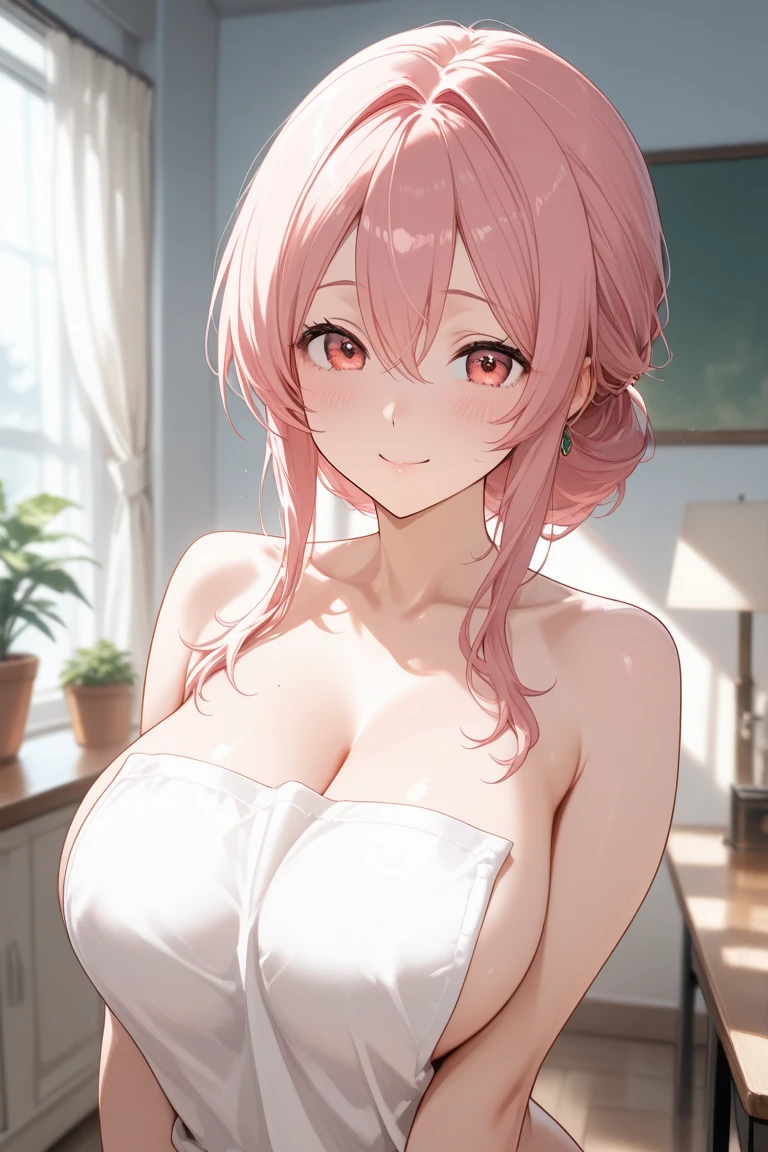 1girl, smile, closed mouth, <lora:bra_embellishments_enhancer_XL_v01a:1> bra,bow bra, lace-trimmed bra, lace bra, two-tone bra, , underwear only, upper body,pink bra,red bra,large breasts,  ponytail, newest ,anime coloring,
