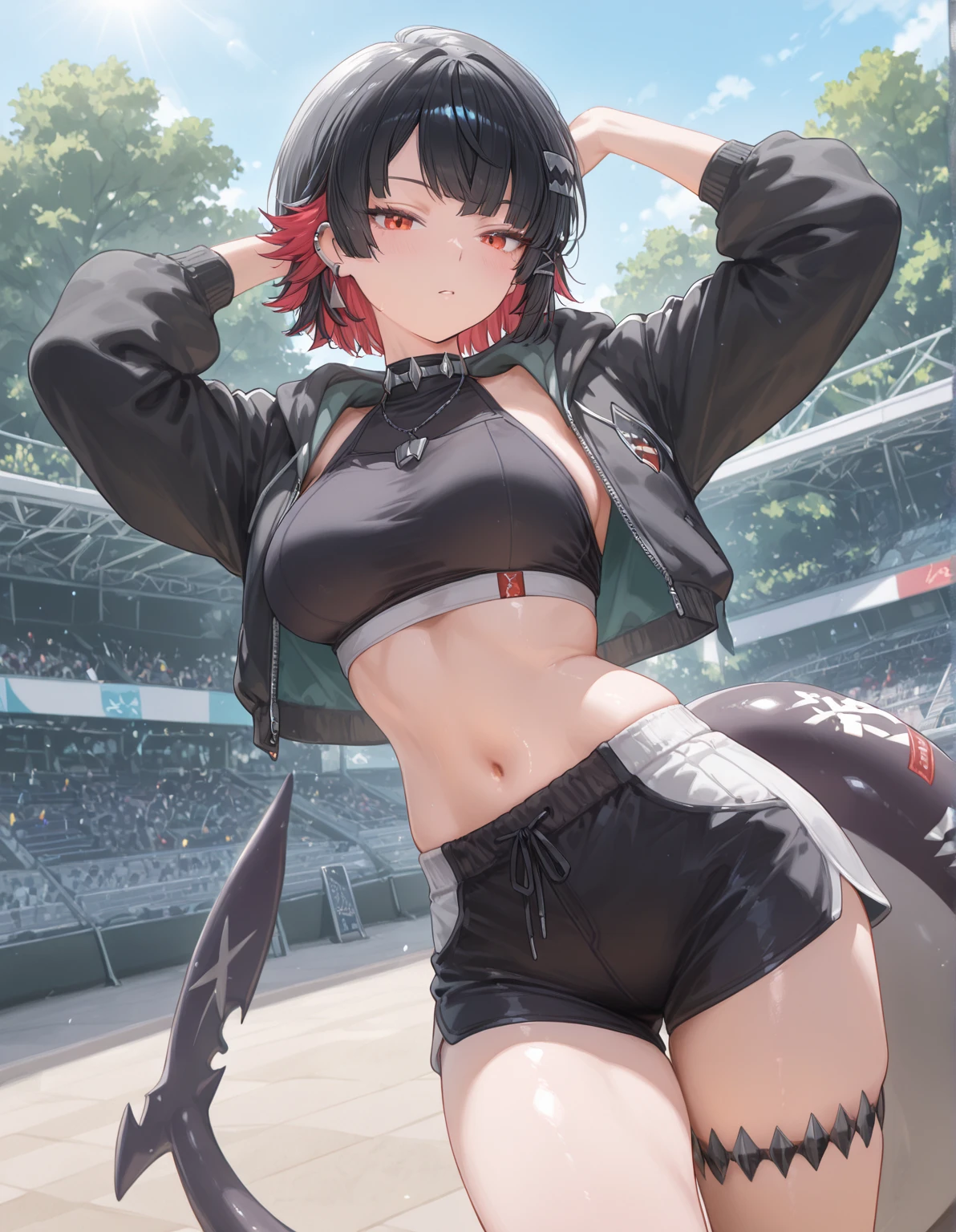 ubel,dark green hair,long hair,side ponytail,hair between eyes,bangs, BREAK (beret, black jacket, open clothes, cleavage, midriff, black shorts, black thighhighs, thigh strap, fingerless gloves, single glove:1.2) BREAK blurry background, BREAK pose, hand on hip, BREAK (masterpiece:1.2), best quality, high resolution, unity 8k wallpaper, (illustration:0.8), (beautiful detailed eyes:1.6), extremely detailed face, perfect lighting, extremely detailed CG, (perfect hands, perfect anatomy),

