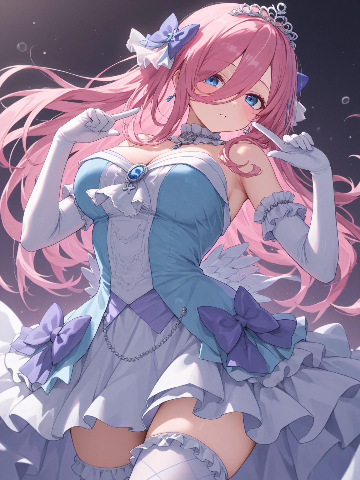 1girl, bangs, blue eyes, collarbone eyebrow svisible through hair, hair between eyes , long hair, pink hair, solo, hair ornament made of a blue cube next to a yellow cube, hair bell, masterpiece, best quality，White gloves