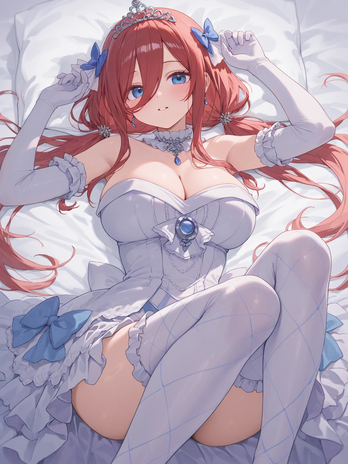 nilou_genshin, long_hair, bangs, red_hair, horns, Veil, jewelry, fake_horns, breasts, twintails, smile, blush, parted_bangs, brooch, aqua_eyes break (lack playboy bunny, overexplosure:1.3), barefoot, barefoot, (on all fours:1.5), Half-closed eyes, (On the bed:1.4) break looking at viewer, (Cowboy Shot:1.5), smile,下から構figure, Thighs, セクシー break (masterpiece:1.2), Highest quality, High resolution, unity 8k wallpaper, (figure:0.8), (美しいFine grain:1.6), Highly detailed face, Perfect lighting, Highly detailed CG, (Perfect hands, Perfect Anatomy) break ((masterpiece,Highest quality)), Super detailed, Shine, Shine光, Ray Tracing, (Perfect Face, Detailed face, Fine grain, Perfect hands, Perfect Fingers:1.5), HD, Super cute face, Highest quality, Super detailed break Shine目, (Highest qualityの写実的なイラスト), (Super fine), (Cute illustrations:1.3), (High chroma:1.3),, Beautiful detailed face and eyes, Dynamic lighting, (Very delicate and beautiful) break (Nice hands), (Perfect hands:1.4), Highly detailed illustration, Super cute and beautiful, Highest quality, slender, ,Baby Face,