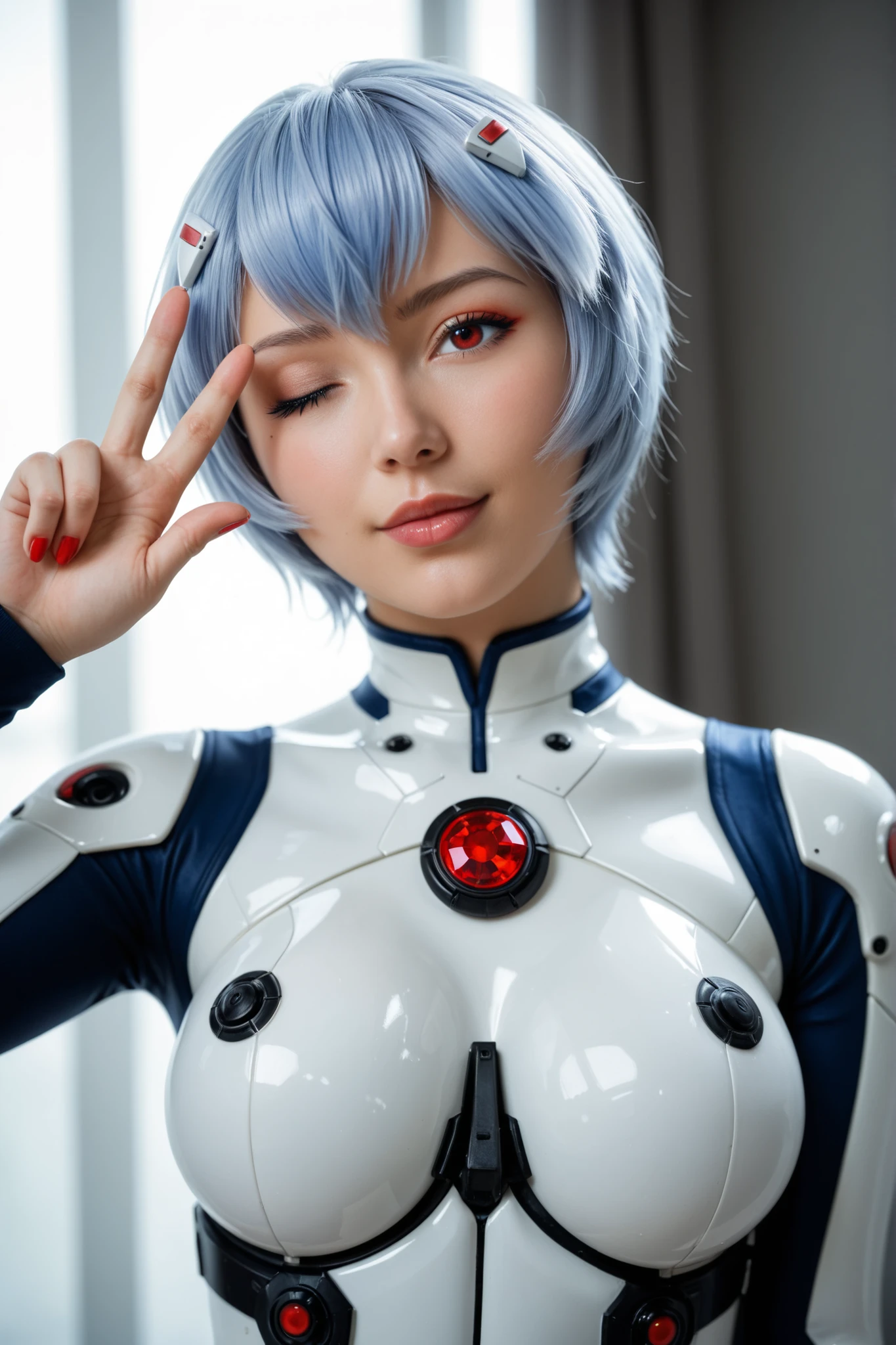 ayanami_rei, 1girl, blue short hair, white hair ornament, white bodysuit, close view, portrait, (masterpiece), (high quality)