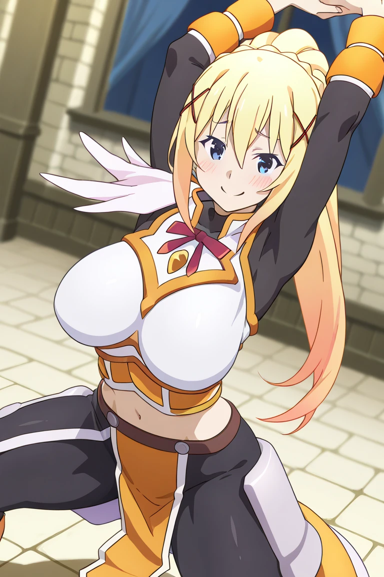 (all fours), gold boots, angel wings, wings, BREAK corset, navel, skirt, blue skirt, sunny weather, (japanese veranda background), astraea, anime cels style, best quality, high resolution, 1girl, (huge breasts:1.2), beautiful face, blonde hair, long hair, (red eyes:1.5), cowboy shot, smiling