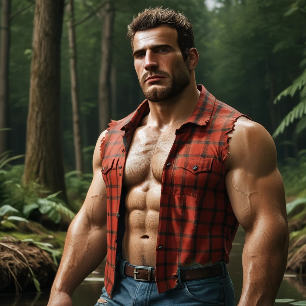 Dog, golden retriever, muscular, tall, huge, (((big pecs))), handsome, plaid shirt, unbutton shirt, lumberjack, forest, (((realistic, 8k, ultra details, masterpiece)))