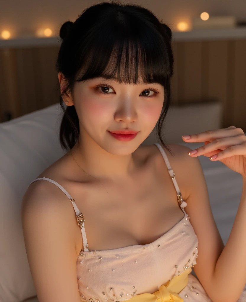 /*Quality writing*/
of the highest quality, 80 K, masutepiece, hyperdetailed face, very detailed lips, Detailed eyes, Realistic pupils,
BREAK,
/*Characters and expressions*/
(Extremely beautiful girl:1.3), Asian Girl, 1 girl, Light on Face, 18 years old, (((Very sweet smile))), (Short-cut hairstyles)
BREAK
/*garments*/
(The most gorgeous lingerie in the world:1.1), (bright pink:1.2), (Bewitching costumes:1.3), (White and yellow shades:1.2), (Extravagant ruffles and lace:1.2), (Emphasized sufficient cleavage:1.1), (The most gorgeous necklaces in the world), (The most gorgeous earrings in the world)
BREAK
/*Pose*/
(The most obscene poses in the world), (Show panties:1.3), nice hand, Perfect hands, ((Angle to look up from above:1.3)),Facial expressions begging for a kiss
break
/*Angular posture*/
(Sparkling night sky:1.2), (Luxurious bed atmosphere:1.3), Looking at Viewer