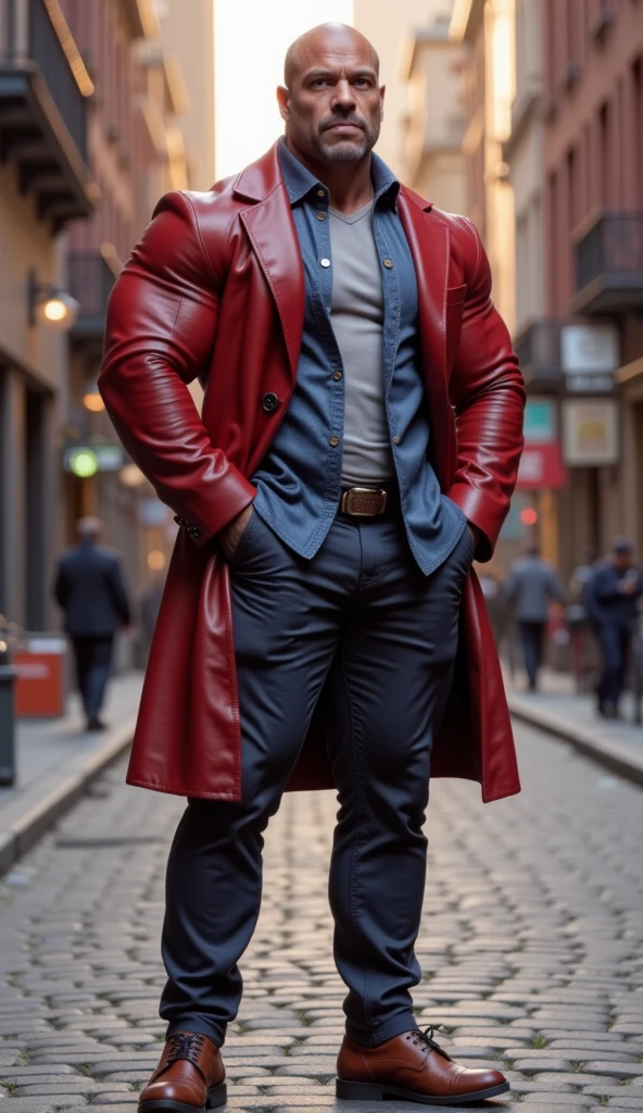 1 menino,foco masculino, jaqueta vermelha, Sozinho, joia, cabelo, jaqueta aberta, roupas abertas, short cabelo, ao ar livre, olhando para o espectador, colar, pants, jaqueta vermelha, boca fechada, Abdomen covered, hands in pockets, peitorais, black pants, muscular, cidade, macho musculoso, building, corte inferior,