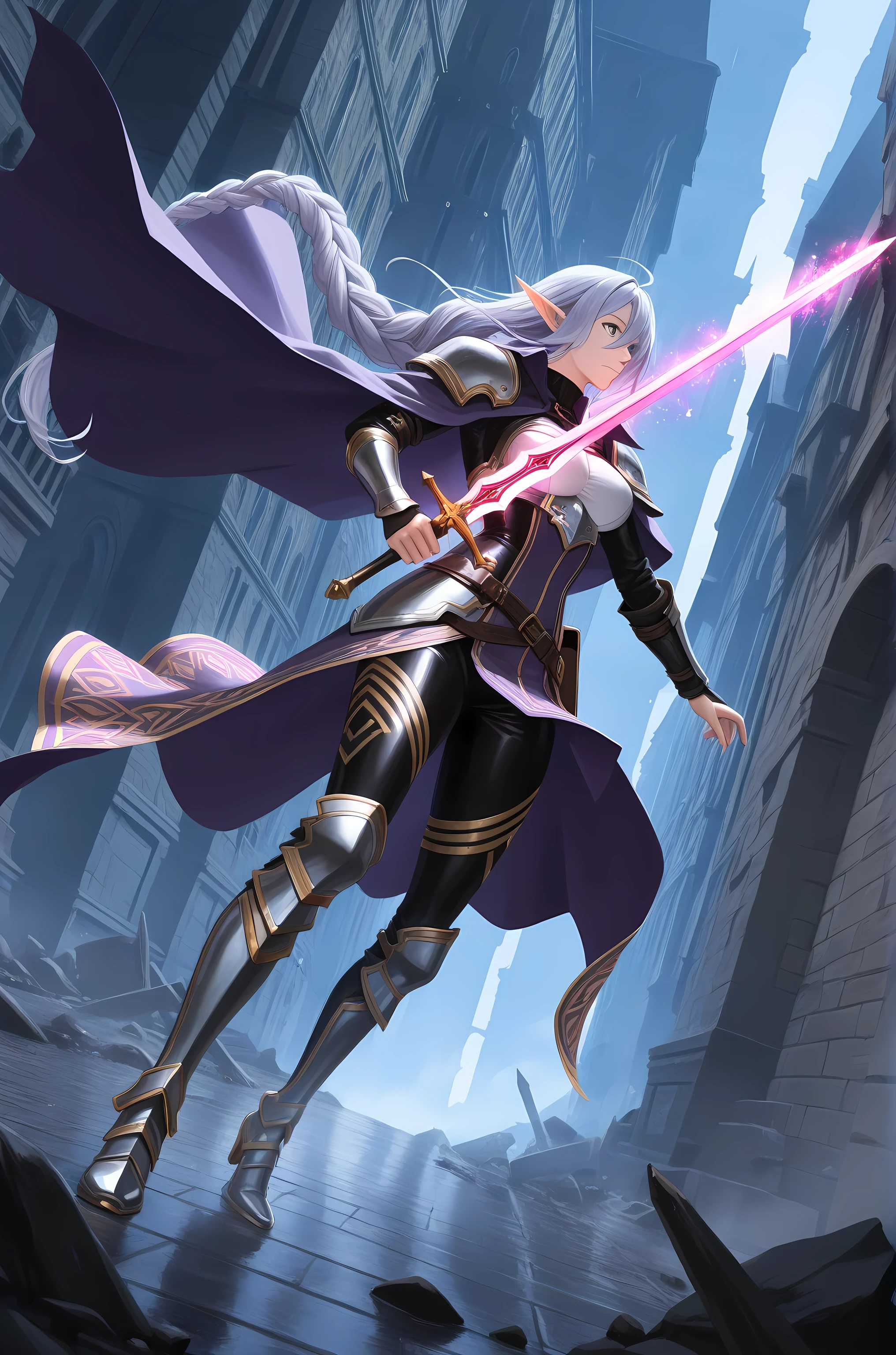 Masterpiece, Best Quality, Top Quality, Very Detailed, a picture of a female elf (intense details, Masterpiece, best quality) fantasy swashbuckler, fantasy fencer, armed with a slim sword, shinning sword, metallic shine, colorful clothes, dynamic clothing, an ultra wide shot, full body (intense details, Masterpiece, best quality)epic beautiful female elf (intense details, Masterpiece, best quality), rich hair, braided hair, small pointed ears, action shot, GlowingRunesAI_red , colorful magical sigils in the air, colorful arcane markings floating, holding a sword (intricate details, Masterpiece, best quality), fantasy urban street (intense details, Masterpiece, best quality), purple cloak, long cloak (intense details, Masterpiece, best quality), sense of daring, sense of adventure, high details, best quality, 16k, [ultra detailed], masterpiece, best quality, (extremely detailed), dynamic angle, ultra wide shot, photorealistic, RAW, fantasy art, dnd art,fantasy art, realistic art