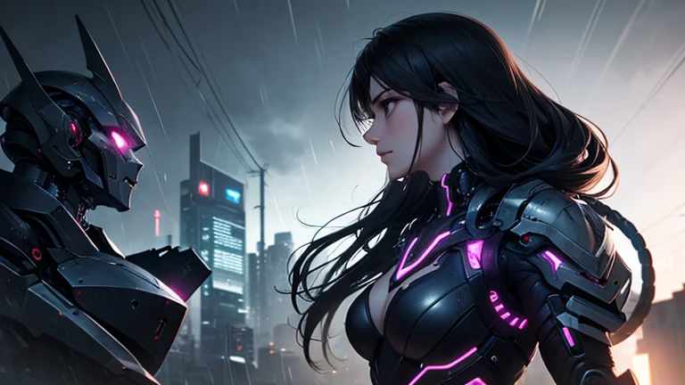 (dark-puprle hair, long hair:1.6), purple eyes, bodysuit, belt, 1girl, gloves, breasts, solo, looking_at_viewer, black_gloves, mecha, cyberpunk art, epic art, glow effects, godrays, Hand drawn, render, 8k, octane render, cinema 4d, blender, dark, atmospheric 4k ultra detailed, cinematic, Sharp focus, big depth of field, Masterpiece, colors, 3d octane render, 4k, concept art, trending on artstation, hyperrealistic, Vivid colors, extremely detailed CG unity 8k wallpaper, trending on CGSociety, Intricate, High Detail, dramatic, cyberpunk art