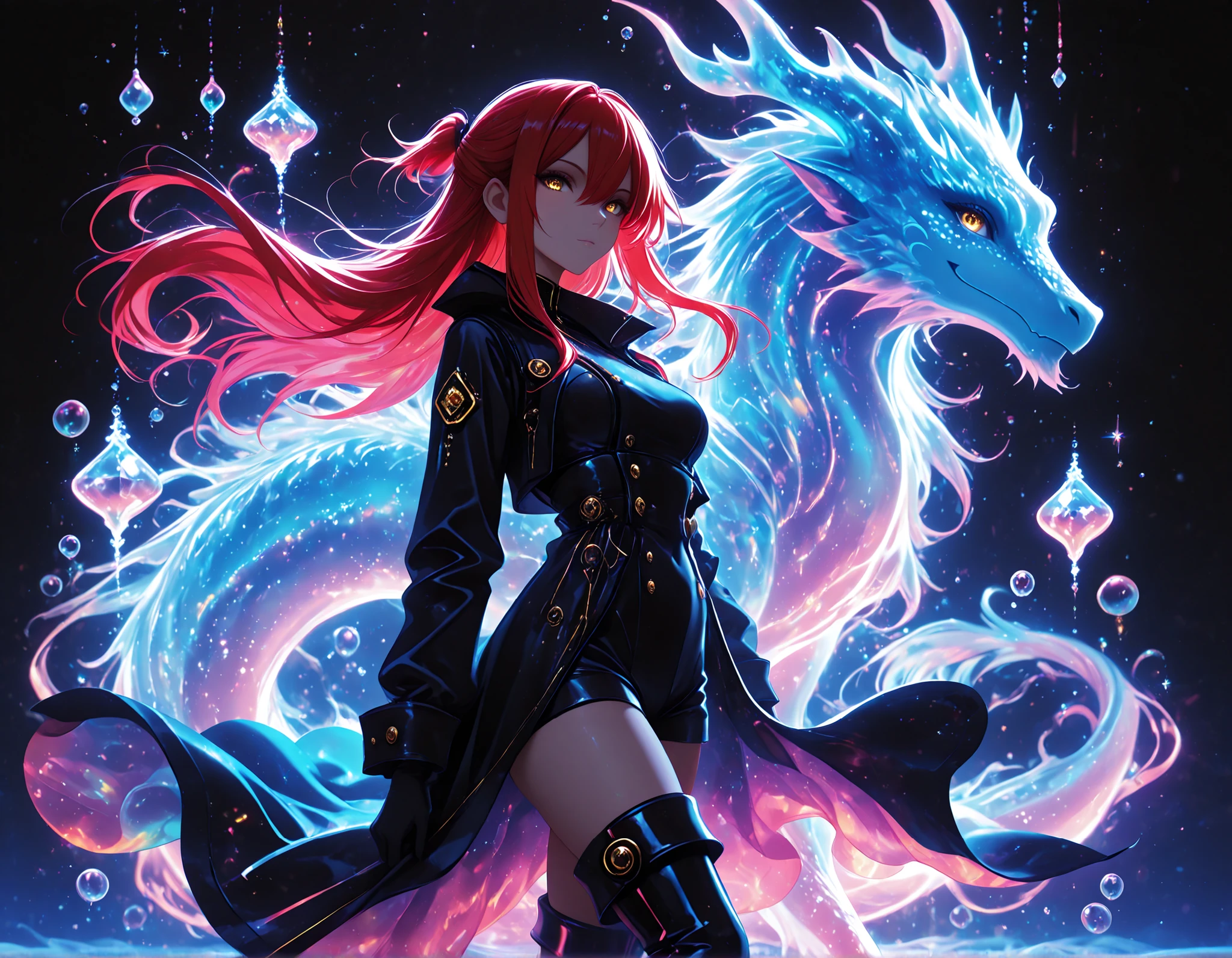 1 girl , golden eyes , very long hair , long sidelocks, red hair ,half updo, petite , very cute , beautiful ,Straight hair, cool, handsome, hair between eyes, sexy, medium breasts, neon color fashion outfit, coat,, high boots
walking,((( floating clothes,floating hair))),looking at viewer, from side, wind, night,
,(Masterpiece ),(best_quality ),(HD_eyes),(ultra_quality ),(Detailed),(scenery),(cinematic_lighting ),(depth),(detailed hands ),(colorful masterpiece ),(high-definition_eyes ),misty, bubble, fantasy, transparent jewel, transparent crystal, light, glow, shine, shining, dragon ghost silhouette in the background, neon colors, glowing, glow effect, vibrant colors, high contrast, fluorescent, luminescence, light effects, chromatic lighting, colorful lighting, bright outlines, neon lineart, dark background, digital art