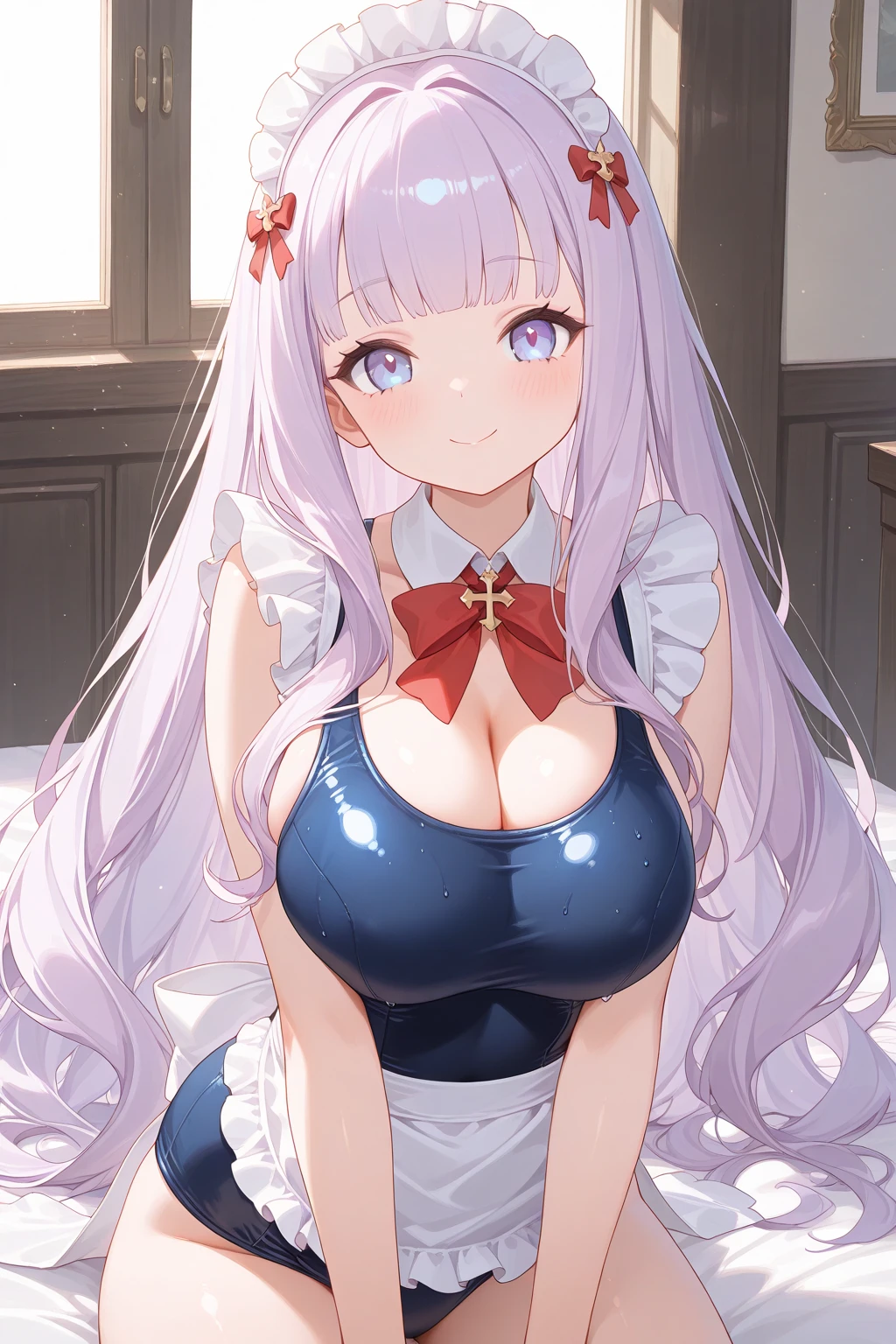 Anastasia Khoshinа, Anastasia Khoshin, long hair, Blue eyes, purple hair, large_breast, combed bangs, BREAK hair ornament, long sleeves, It has, dress, a gift, Star \(symbol\), white dress, fur trim, white headdress, pink a gift, pom pom \(Cloth\), Star hair ornament, BREAK looking at viewer, whole body, BREAK indoors, BREAK (masterpiece:1.2), Best quality, A high resolution, unity 8k wallpaper, (illustration:0.8), (Beautiful detailed eyes:1.6), very detailed face, perfect lighting, extremely detailed computer graphics, (perfect hands, Ideal Anatomy), big_breast