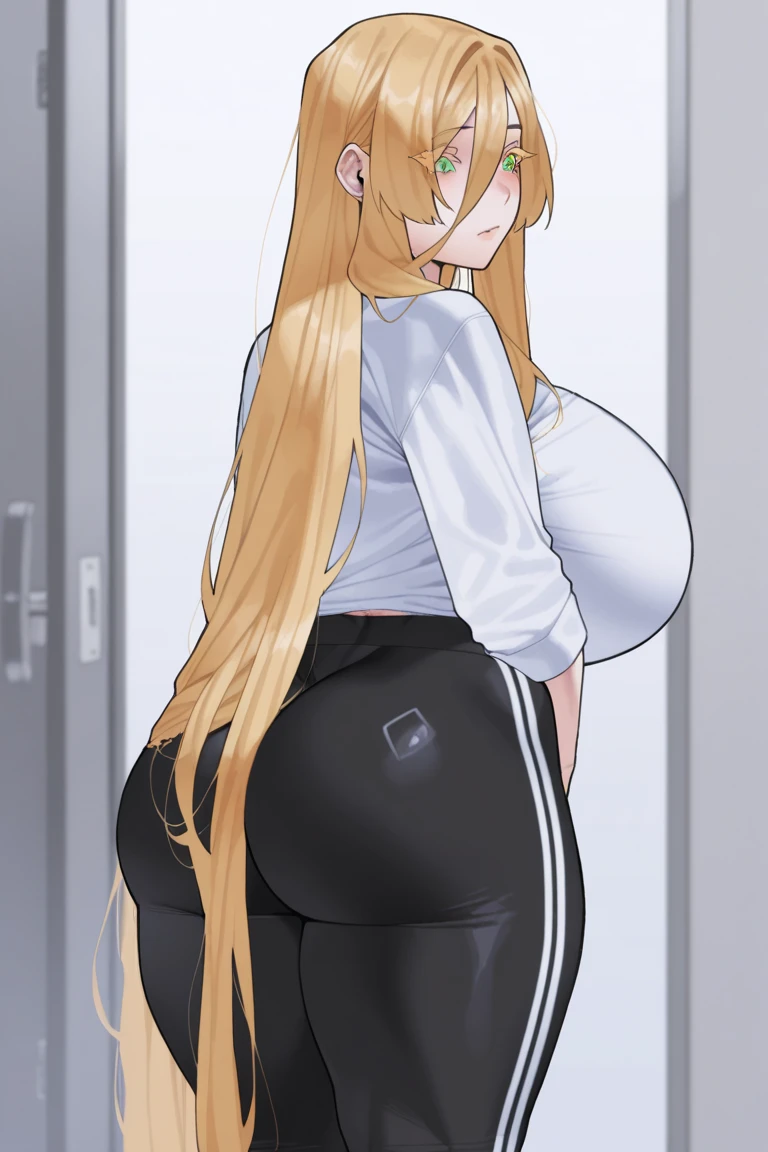 black yoga pants legging closeup ,Yuuki Asuna, Brown hair, Brown eyes, medium breasts, Long hair, braid big ass hand on ass, well drawn hands