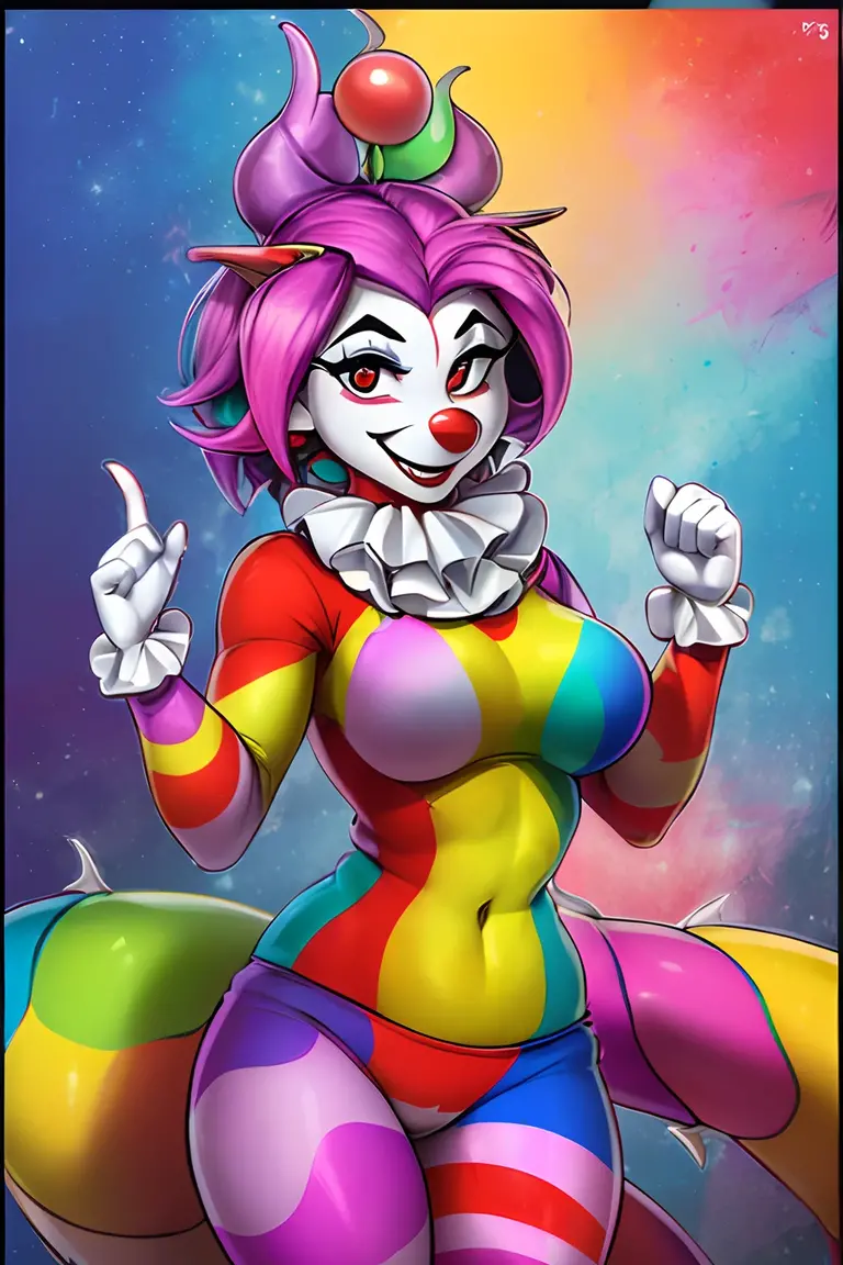 Clown girl, wide hips, huge thighs, thin waist, tight clown clothes, clothes that define the curves of the body, clown makeup, wide smile, Circus dressing room as a background , masterpiece, HD, vibrant, dark atmosphere