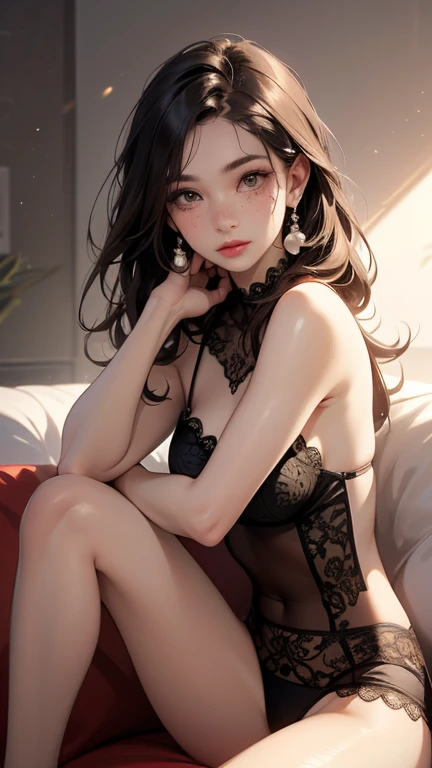 A woman, 30 years old, Mature, Super textured hair, Extra long wavy hair, Single ear front hair, Nice face, Super detailed eyes, Grow eye hair, shining pupils, Charming eyes, Beautiful and delicate lips, seductive smile, A light blush, Very detailed face, Extra detailed body, High quality real skin texture, (Semi-permeable chiffon fabric), (office clothing), white collared shirt, black skirt, Lace trim at hem, Black underwear, barefoot,