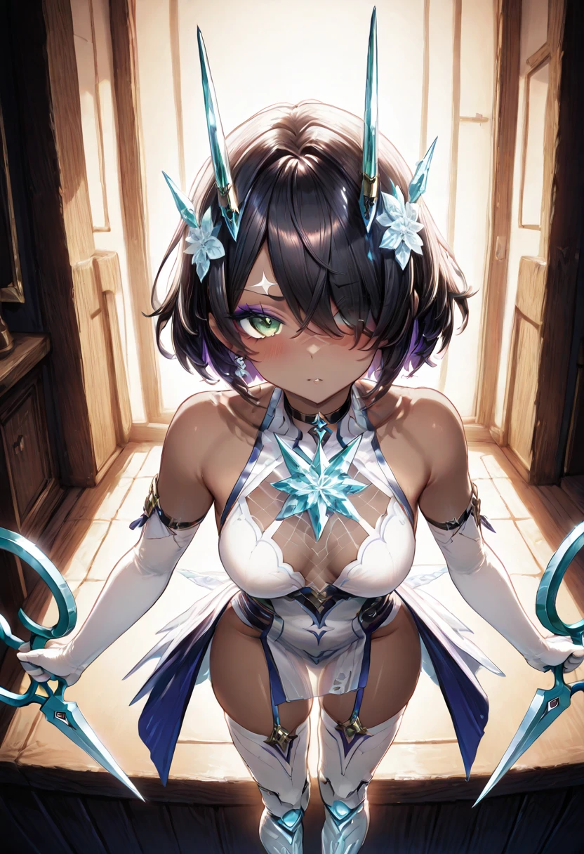 1girl, Angle from below:1.8, (((close up crotch:1.2))), The girl bends forward to show off her breasts、legs apart, (Blade), (Tanned shiny black skin:1.6)、Glowing Eyes, ((Sexy evil grin)), (10 years old girl), blondes、Twin tails、forehead、Small breasts, hat, ((((arabian clothes, see-through)), (microphone headband), (Areola Slip), small breasts, (jewelry)))、desert, ((sahara))、((Arabian Dance))、(手を頭の後ろで組む)、arm pit, covered nipples, thighs, ((handjob)), 1boy, penis, ((eject cum)),