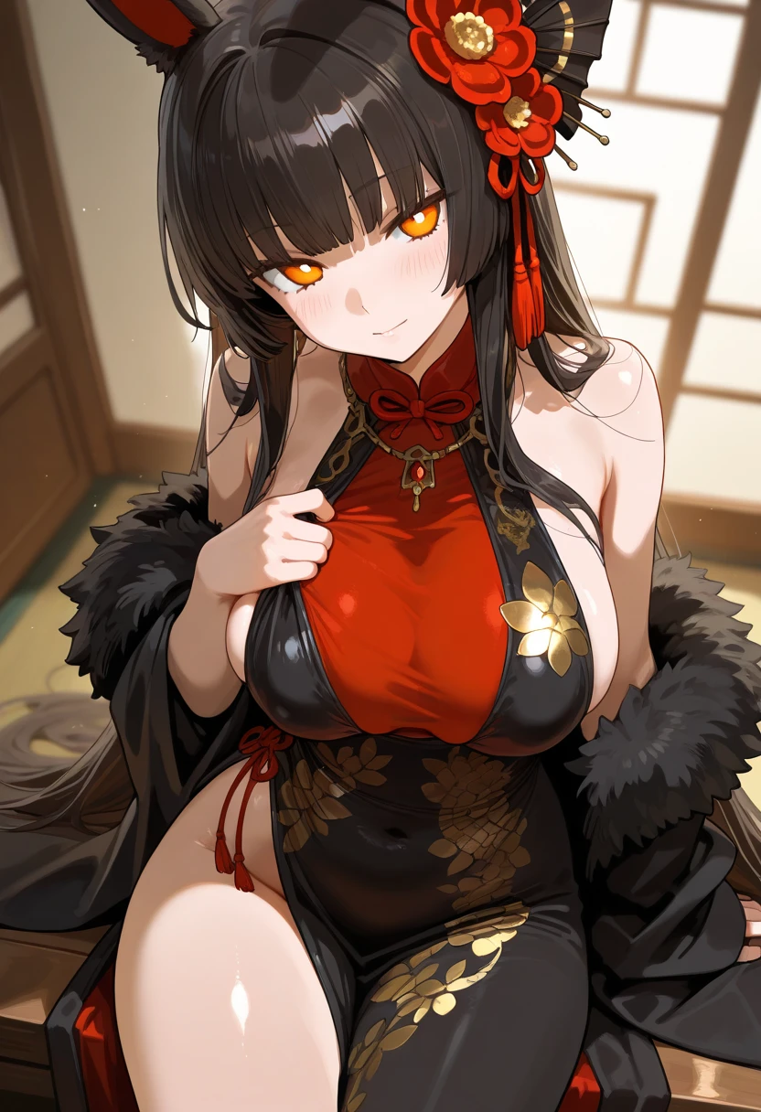 oni girl, horns, red eyes, straigth hair, jlfd, curvy, long black hair