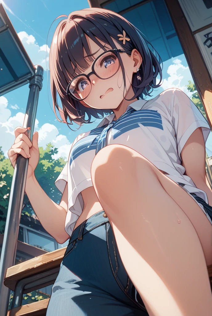 spread leg legs、sit、Looking away、Chat with friends、In town、bustling street、Glasses、cap、Panties、Shoulder bag、mini skirt、Private Server、Girl、Girl、Short、Younger、Baby Face、flat chest、Dynamic Angle、Useless、smile、Both eyes open、Voyeur style