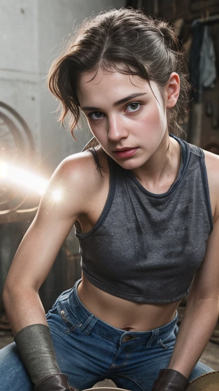 Mackenzie Davis eye contact, sexy, erotic, full detailed body,wearing running shorts and tanktop, sweaty clothes, sweating, dark colours, calm, night, hidden eroticism, closeup.