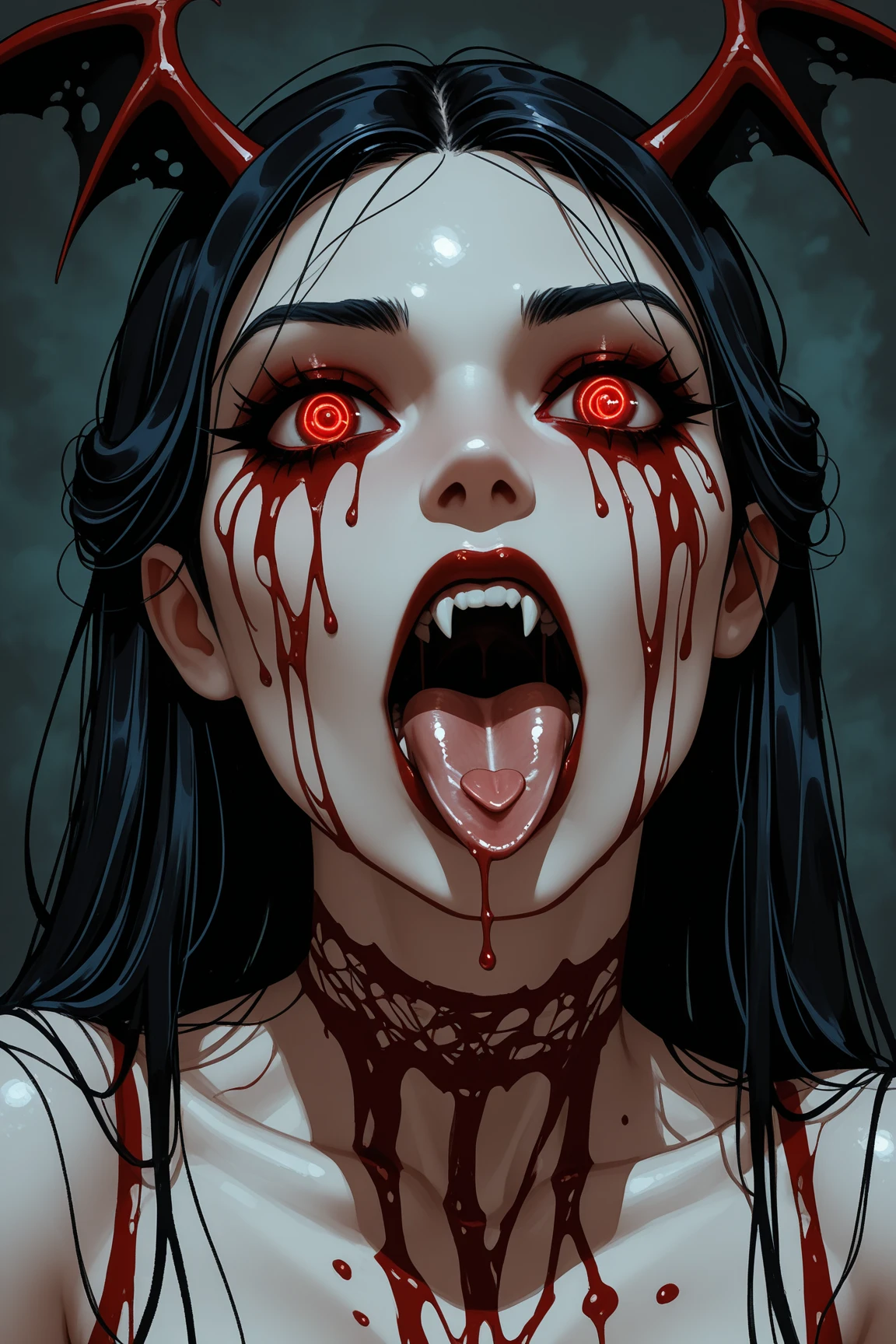 arafed image of a creepy woman with a bloody face, scary vampire, morbius, male vampire of clan banu haqim, grim expression, ( ( ( horror art ) ) ), just art for dark metal music, scary creature, scary face, grim facial expression, demonic creature, grimdark horror style, wide evil grin, demonic monster, gothic face