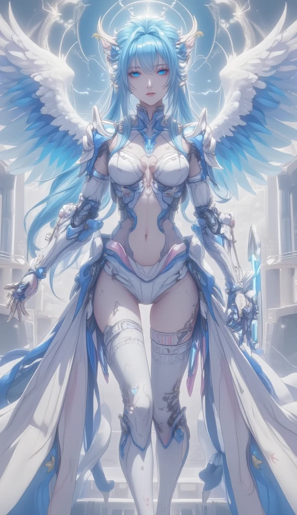 Ultra-high definition, close-up (1 woman), light blue hair, 2D animation style, soft and delicate depiction, full-body tattoos (full-body art), beautiful blue-haired angel, royal guard armor, futuristic design, standing, wet and shiny