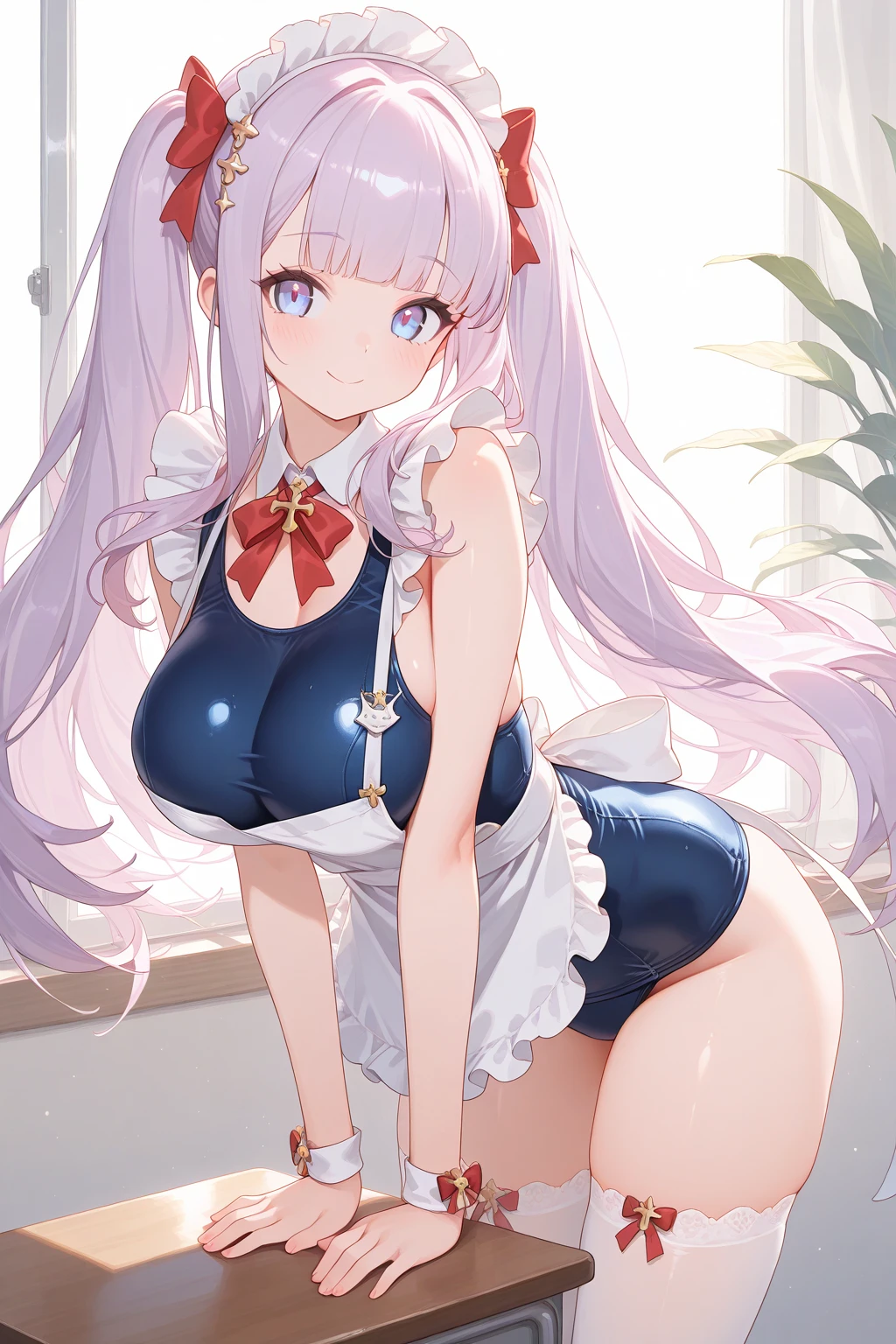 anime - style image of a woman in a bikini and headdress, small curvy loli, azur lane style, from the azur lane videogame, loli, realistic bikini, biomechanical oppai, pink twintail hair and cyan eyes, sfw version, swimsuit, realistic shaded perfect body, extra detailed body, render of april, pale pink bikini, hands behind back, green and pink eyes