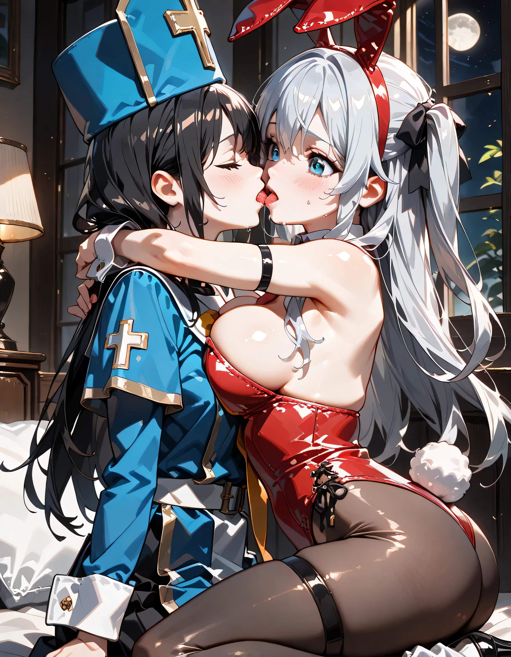 ((ultra-detailed)), (highly detailed CG illustration), (best quality:1.2), ultra-highly detailed, colorful composition, artistic photoshoot, 2girls, 2girls is Marika and Sena, duo focus, (yuri:1.3), upper boy, moe anime character, girls, dainty facial structure, baby face, round face, rounded chin:1.2, ideal ratio body proportions, (breast smother:1.4), BREAK
(girl A is Marika:1.2), celia-default, celia claire, blue eyes, jitome, half-closed eyes, sagging eyes, silver hair color:1.3, two side up, hair ribbon with pink, ample breasts, priest(dq3), covered collarbone, gloves, hat, thighs, tabard, mitre, blue headwear, black bra, black panties, latex gloves, blue tabard, cross, cross print, gentle sm:1.3, blush:1.3, BREAK
(girl B is Sena:1.2), long hair:1.3, black hair:1.3, half updo:1.3, thick eyebrows, brown eyes, (wearing glasses:1.3), (round eyewear:1.3), playboy bunny, rabbit ears, black rabbit ears, fake rabbit ears, pantyhose, black pantyhose, bowtie, wrist cuffs, red leotard, BREAK
ultra-beautiful girl, fluttering hair, best quality, masterpiece, night:1.3, European style wooden room, Wooden frame window, moon, dynamic pose, from side, expecting, pink cheek, light pink gloss slip, portrait, depth of field, soft lighting, sidelighting, moonlight, lighting, caustics, ray tracing, perfect face, lustrous skin, highly detailed face, highly detailed eyes, perfect face, perfect nose, perfect hair, perfect eyes, perfect anatomy, beautiful hair, beautiful small face, extremely detailed face, beautiful detailed eyes, beautiful clavicle, beautiful body, beautiful ample breasts, leavage, breasts squeezed together, equalize the size of the left and right breasts, beautiful thin thighs, beautiful legs, beautiful fingers, 4fingers, 1thumb, lovely, (very detailed background:1.0), (highly detailed background:1.0), summer aesthetic, intricate details, moonlight atmosphere, summer colors palette, chromatic aberration
