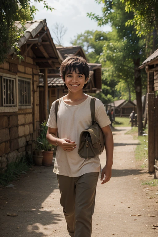 Draw a picture of a boy in the middle of a village, with mountain views, memakai celana pendek dan sendal